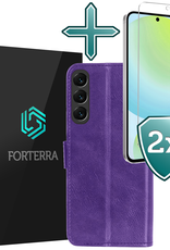 Forterra Hoesje Geschikt voor Samsung S24 FE Book Case Kunstleer Hoes Met 2x Screenprotector - Hoes Geschikt voor Samsung Galaxy S24 FE Hoesje Bookcase Met Pasjeshouder - Paars