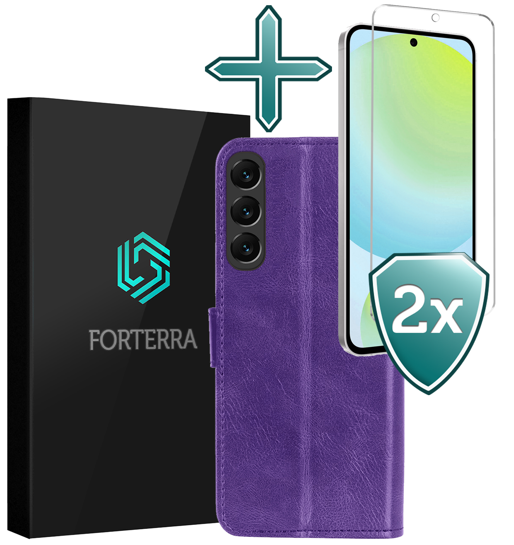 Forterra Hoesje Geschikt voor Samsung S24 FE Book Case Kunstleer Hoes Met 2x Screenprotector - Hoes Geschikt voor Samsung Galaxy S24 FE Hoesje Bookcase Met Pasjeshouder - Paars