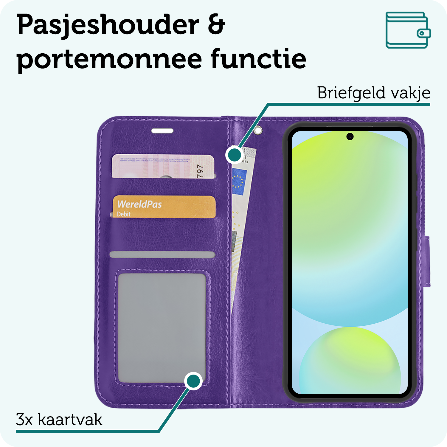 Forterra Hoesje Geschikt voor Samsung S24 FE Book Case Kunstleer Hoes Met 2x Screenprotector - Hoes Geschikt voor Samsung Galaxy S24 FE Hoesje Bookcase Met Pasjeshouder - Paars