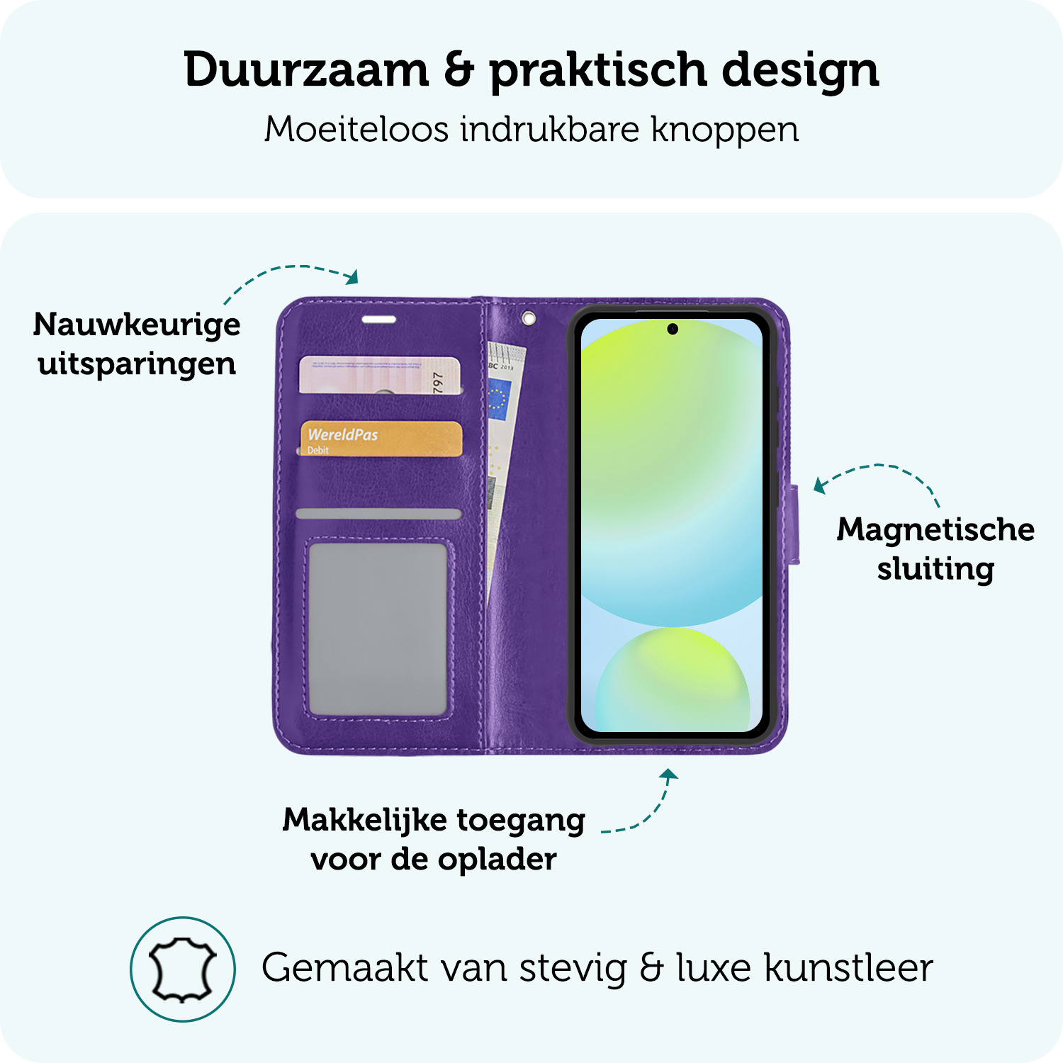 Forterra Hoesje Geschikt voor Samsung S24 FE Book Case Kunstleer Hoes Met 2x Screenprotector - Hoes Geschikt voor Samsung Galaxy S24 FE Hoesje Bookcase Met Pasjeshouder - Paars