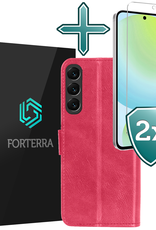 Forterra Hoesje Geschikt voor Samsung S24 FE Book Case Kunstleer Hoes Met 2x Screenprotector - Hoes Geschikt voor Samsung Galaxy S24 FE Hoesje Bookcase Met Pasjeshouder - Donkerroze