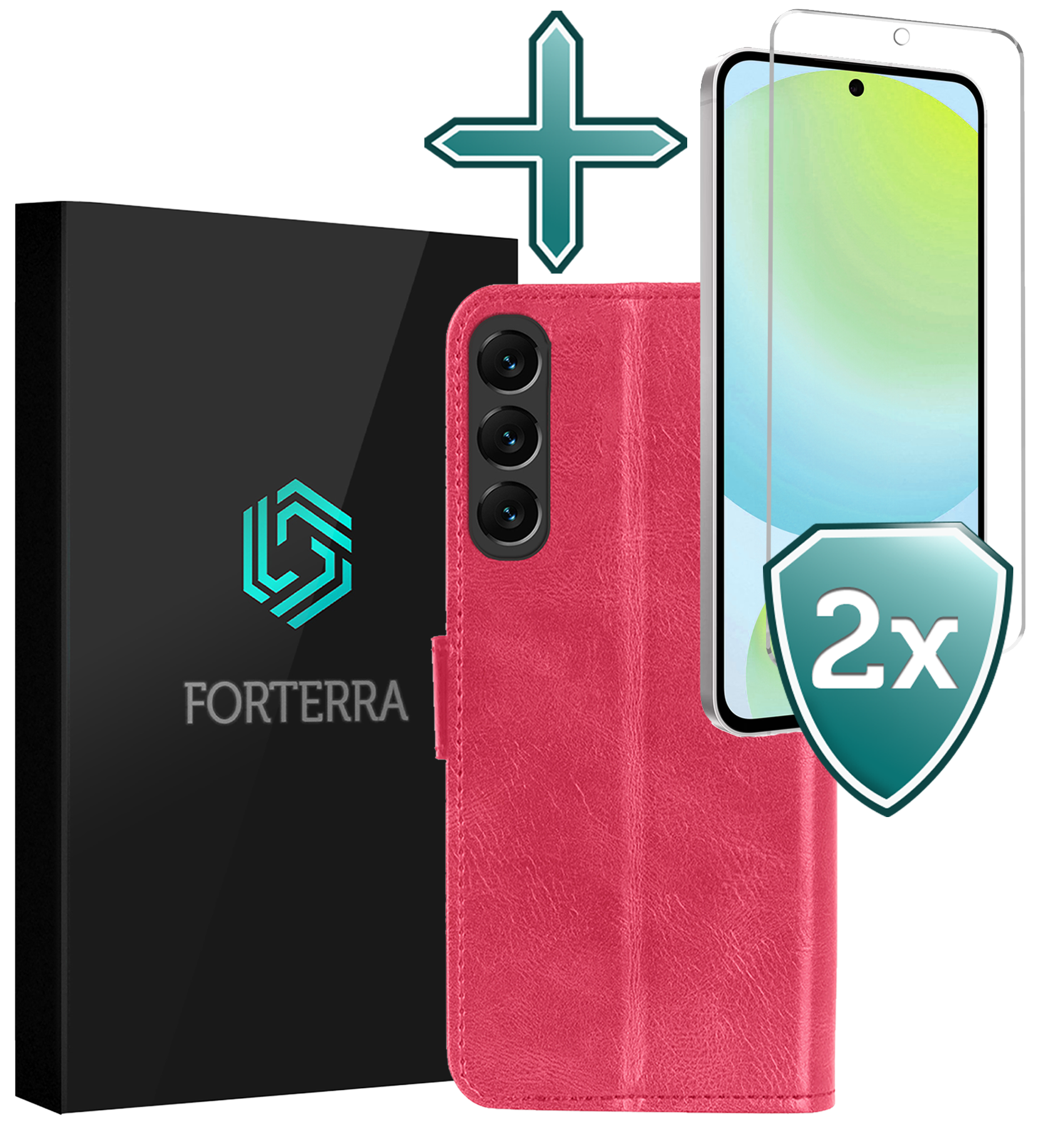 Forterra Hoesje Geschikt voor Samsung S24 FE Book Case Kunstleer Hoes Met 2x Screenprotector - Hoes Geschikt voor Samsung Galaxy S24 FE Hoesje Bookcase Met Pasjeshouder - Donkerroze