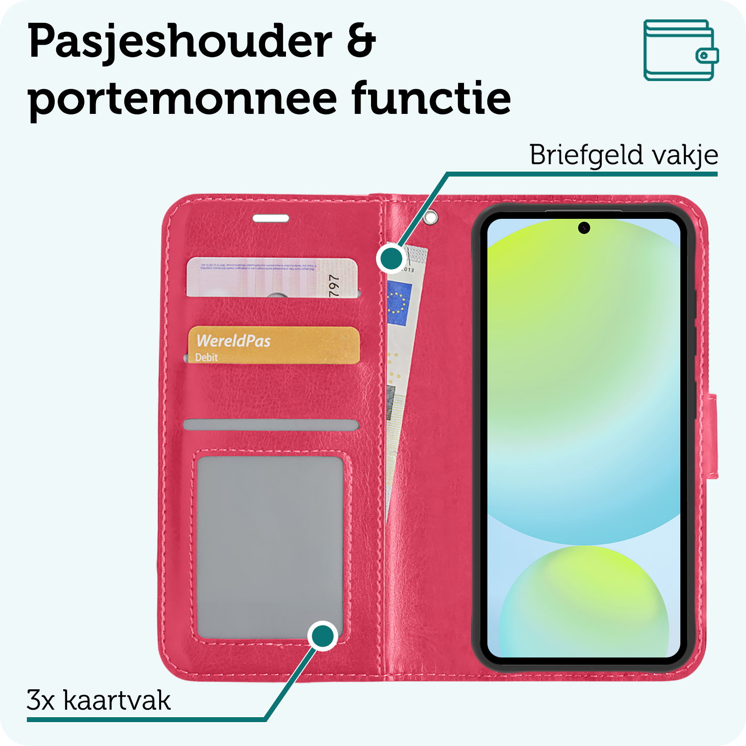 Forterra Hoesje Geschikt voor Samsung S24 FE Book Case Kunstleer Hoes Met 2x Screenprotector - Hoes Geschikt voor Samsung Galaxy S24 FE Hoesje Bookcase Met Pasjeshouder - Donkerroze
