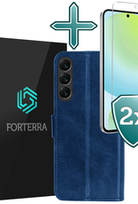 Forterra Hoesje Geschikt voor Samsung S24 FE Book Case Kunstleer Hoes Met 2x Screenprotector - Hoes Geschikt voor Samsung Galaxy S24 FE Hoesje Bookcase Met Pasjeshouder - Donkerblauw