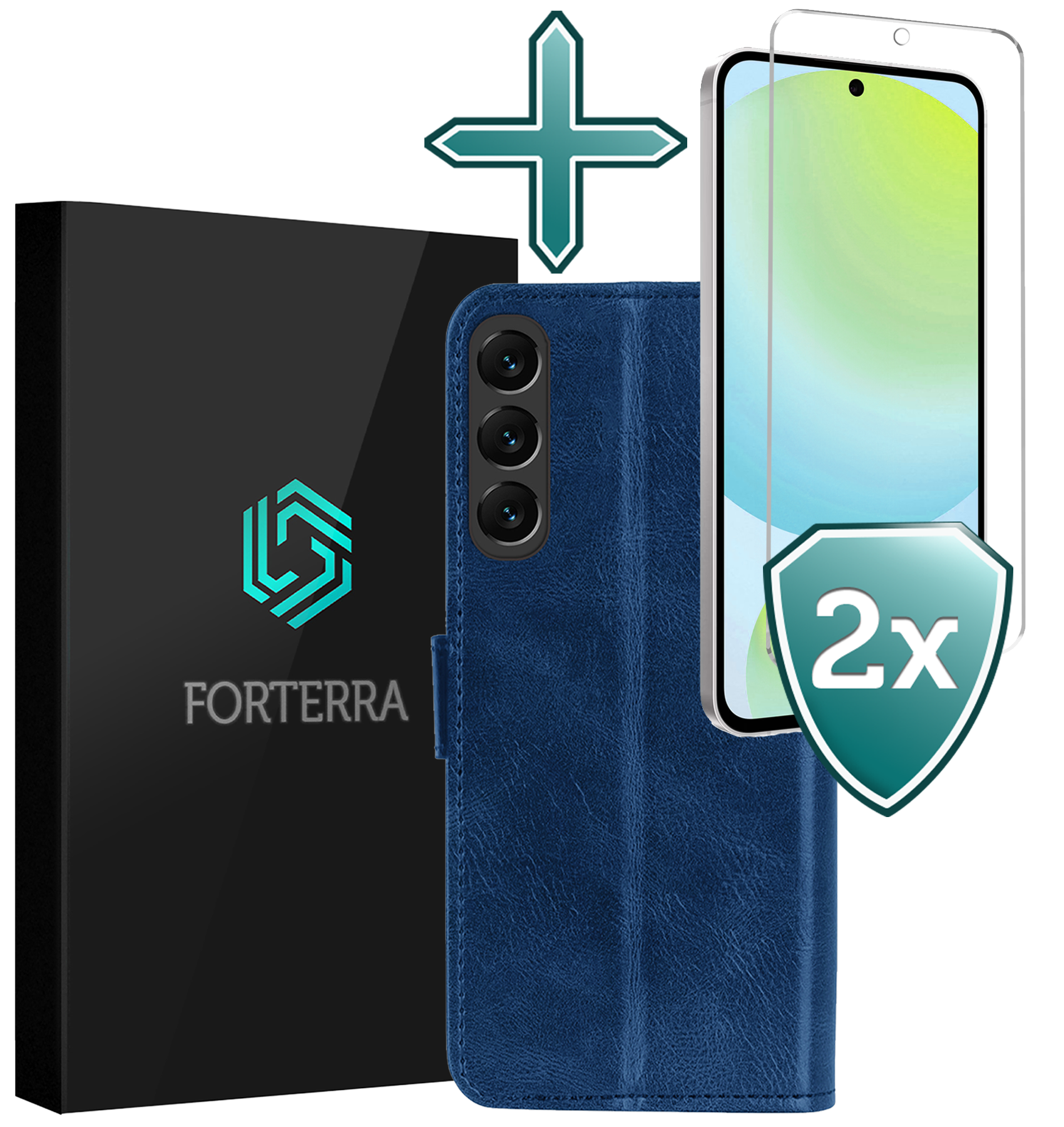 Forterra Hoesje Geschikt voor Samsung S24 FE Book Case Kunstleer Hoes Met 2x Screenprotector - Hoes Geschikt voor Samsung Galaxy S24 FE Hoesje Bookcase Met Pasjeshouder - Donkerblauw