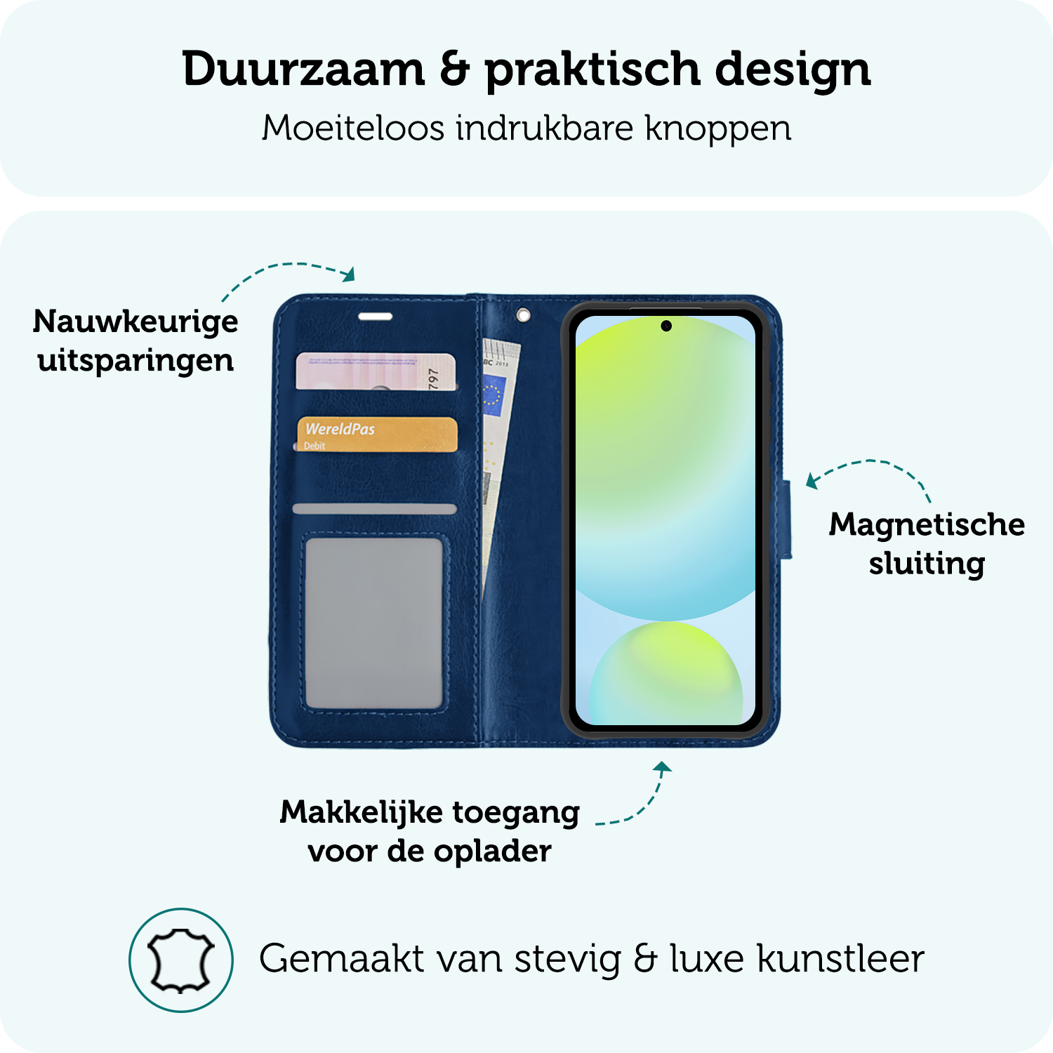 Forterra Hoesje Geschikt voor Samsung S24 FE Book Case Kunstleer Hoes Met 2x Screenprotector - Hoes Geschikt voor Samsung Galaxy S24 FE Hoesje Bookcase Met Pasjeshouder - Donkerblauw