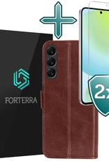 Forterra Hoesje Geschikt voor Samsung S24 FE Book Case Kunstleer Hoes Met 2x Screenprotector - Hoes Geschikt voor Samsung Galaxy S24 FE Hoesje Bookcase Met Pasjeshouder - Bruin