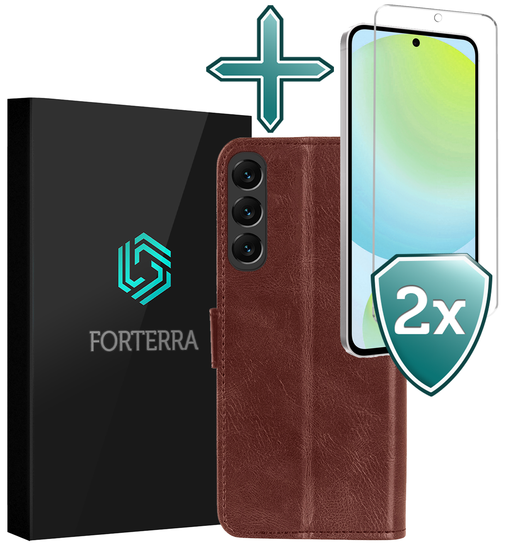 Forterra Hoesje Geschikt voor Samsung S24 FE Book Case Kunstleer Hoes Met 2x Screenprotector - Hoes Geschikt voor Samsung Galaxy S24 FE Hoesje Bookcase Met Pasjeshouder - Bruin