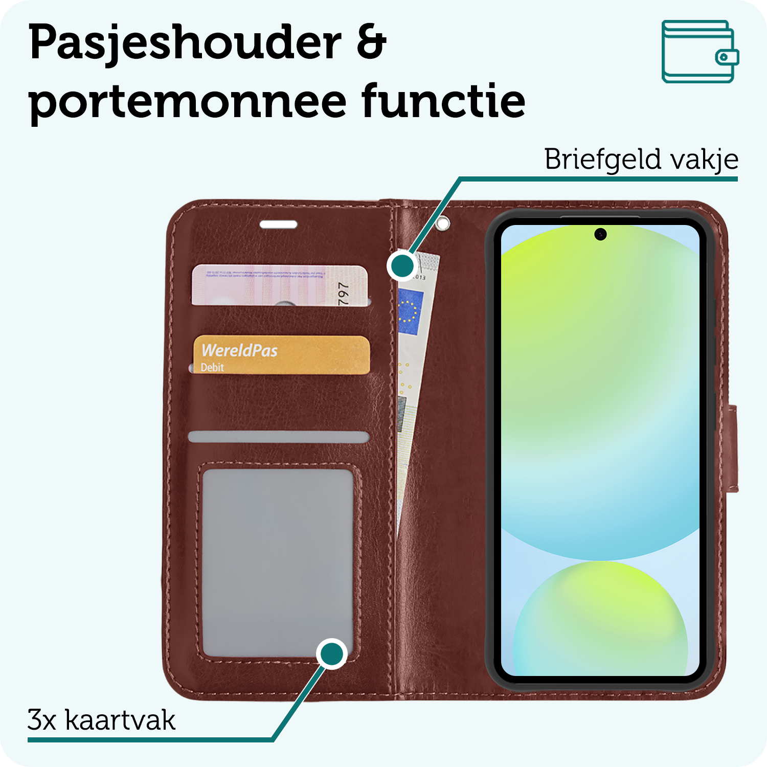 Forterra Hoesje Geschikt voor Samsung S24 FE Book Case Kunstleer Hoes Met 2x Screenprotector - Hoes Geschikt voor Samsung Galaxy S24 FE Hoesje Bookcase Met Pasjeshouder - Bruin