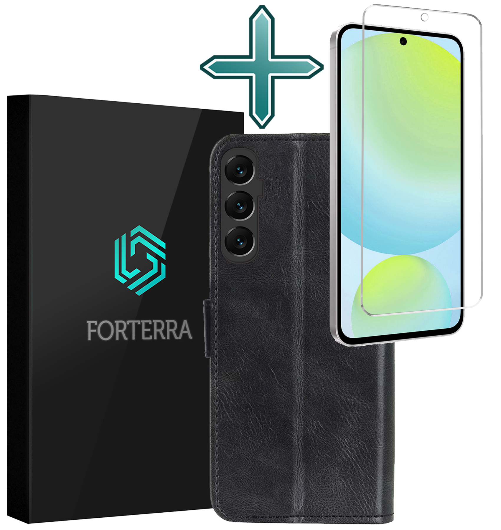 Forterra Hoesje Geschikt voor Samsung S24 FE Book Case Kunstleer Hoes Met Screenprotector - Hoes Geschikt voor Samsung Galaxy S24 FE Hoesje Bookcase Met Pasjeshouder - Zwart