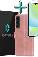 Forterra Hoesje Geschikt voor Samsung S24 FE Book Case Kunstleer Hoes Met Screenprotector - Hoes Geschikt voor Samsung Galaxy S24 FE Hoesje Bookcase Met Pasjeshouder - Rosé goud