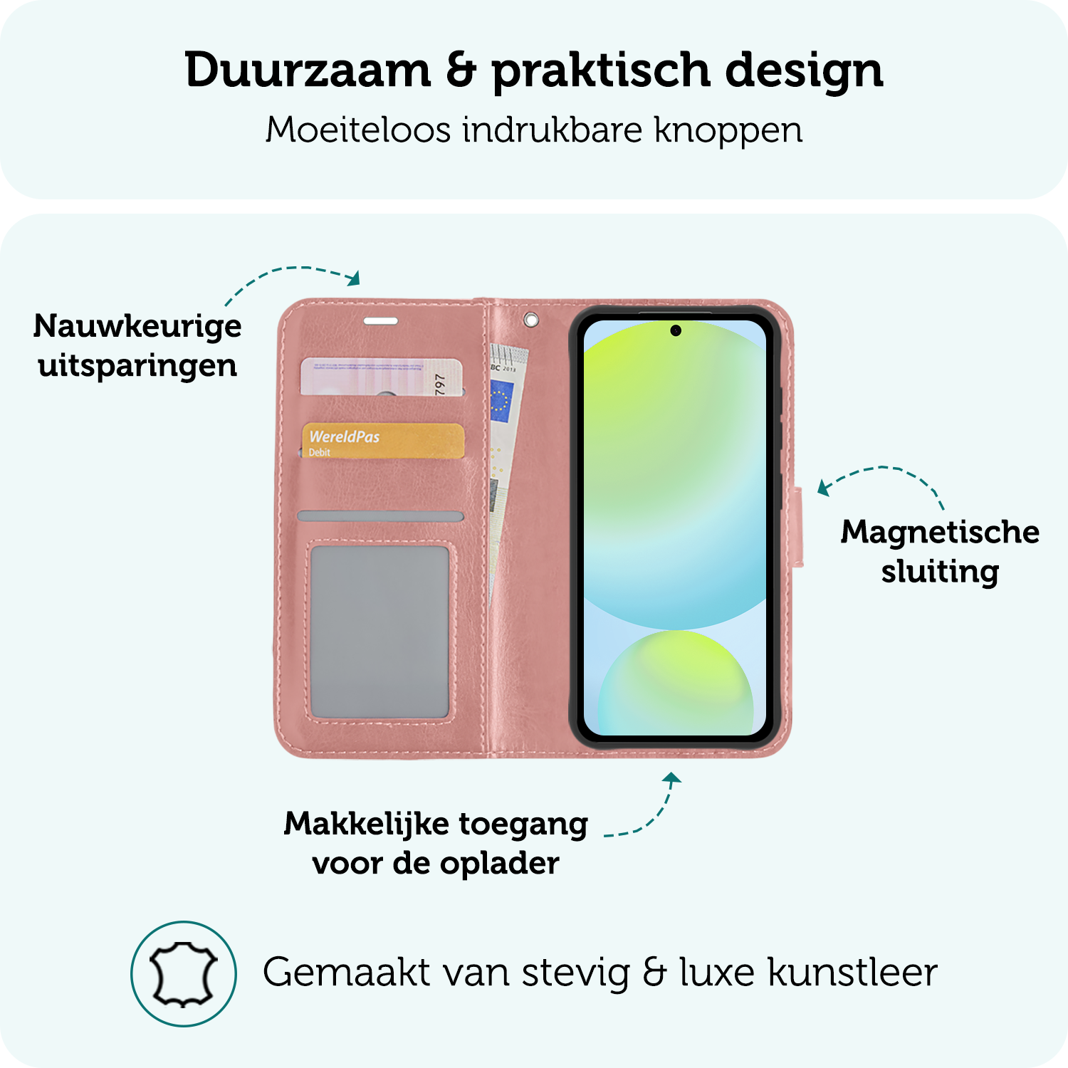 Forterra Hoesje Geschikt voor Samsung S24 FE Book Case Kunstleer Hoes Met Screenprotector - Hoes Geschikt voor Samsung Galaxy S24 FE Hoesje Bookcase Met Pasjeshouder - Rosé goud