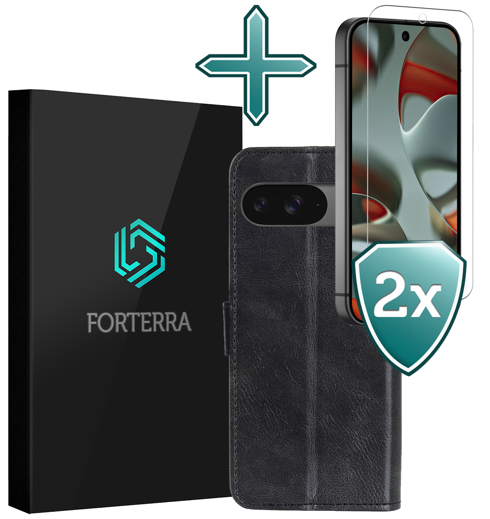 Forterra Hoesje Geschikt voor Google Pixel 9 Hoesje Book Case Hoes Portemonnee Cover Walletcase Met 2x Screenprotector - Hoes Geschikt voor Google Pixel 9 Hoes Bookcase Hoesje - Zwart