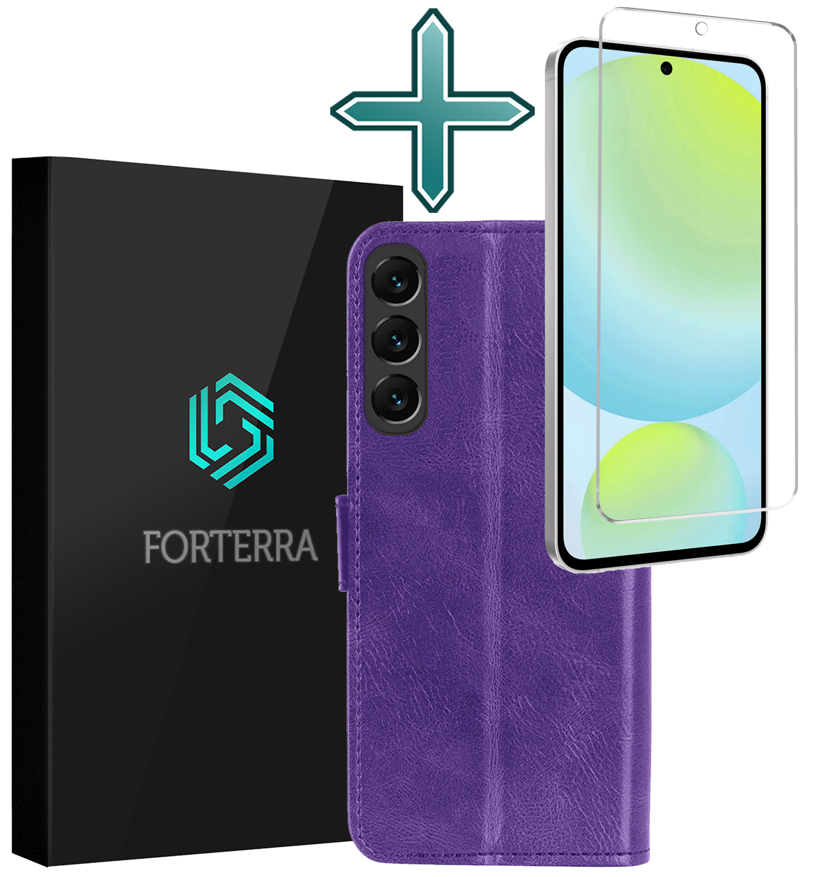 Forterra Hoesje Geschikt voor Samsung S24 FE Book Case Kunstleer Hoes Met Screenprotector - Hoes Geschikt voor Samsung Galaxy S24 FE Hoesje Bookcase Met Pasjeshouder - Paars