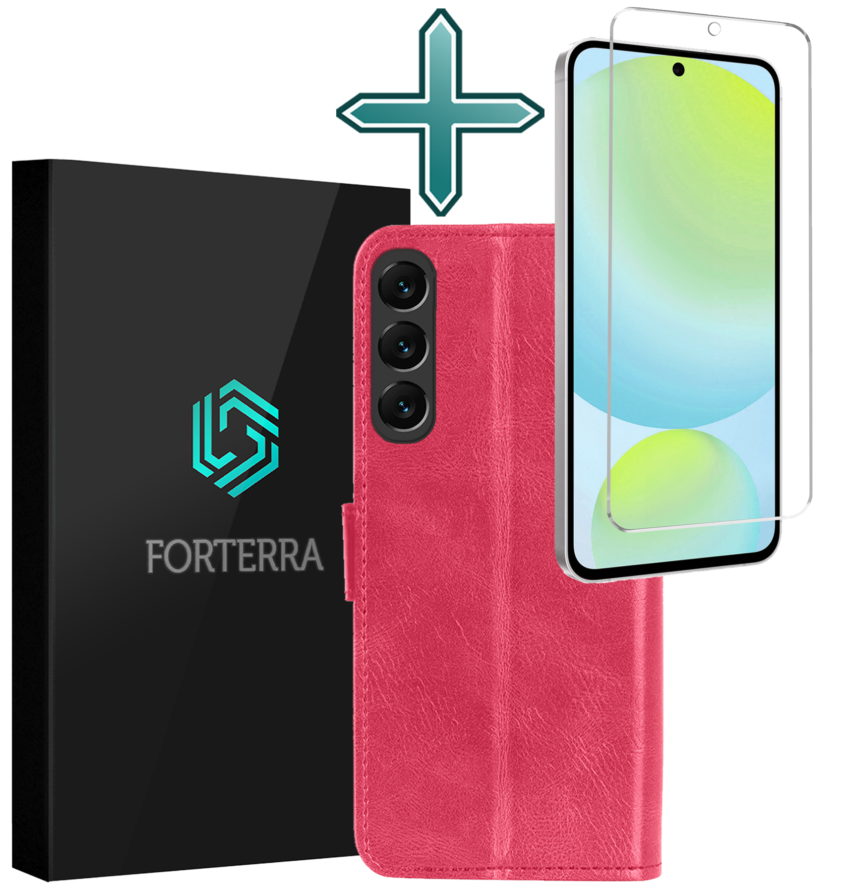 Forterra Hoesje Geschikt voor Samsung S24 FE Book Case Kunstleer Hoes Met Screenprotector - Hoes Geschikt voor Samsung Galaxy S24 FE Hoesje Bookcase Met Pasjeshouder - Donkerroze