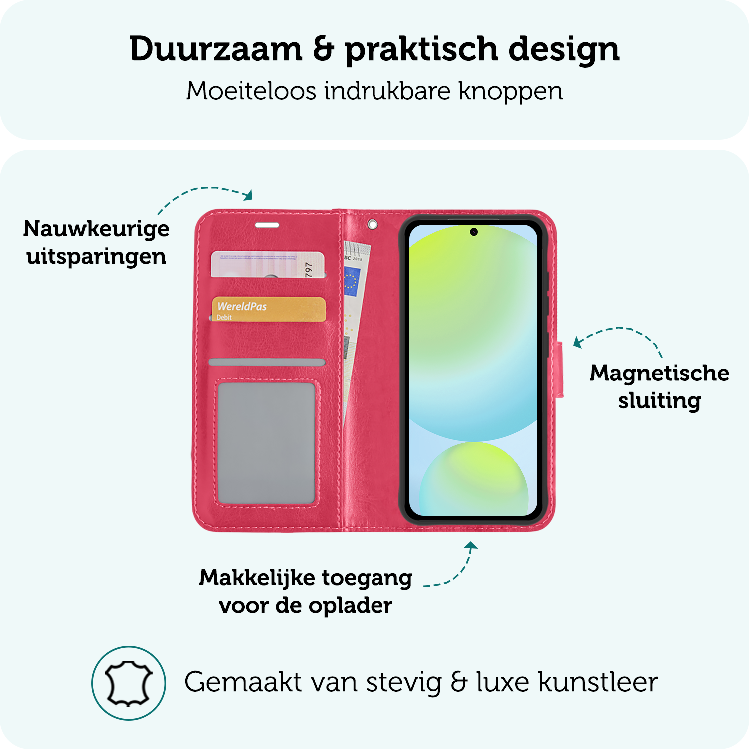 Forterra Hoesje Geschikt voor Samsung S24 FE Book Case Kunstleer Hoes Met Screenprotector - Hoes Geschikt voor Samsung Galaxy S24 FE Hoesje Bookcase Met Pasjeshouder - Donkerroze
