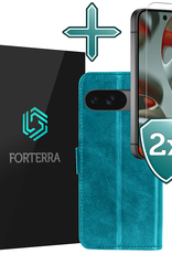 Forterra Hoesje Geschikt voor Google Pixel 9 Hoesje Book Case Hoes Portemonnee Cover Walletcase Met 2x Screenprotector - Hoes Geschikt voor Google Pixel 9 Hoes Bookcase Hoesje - Turquoise