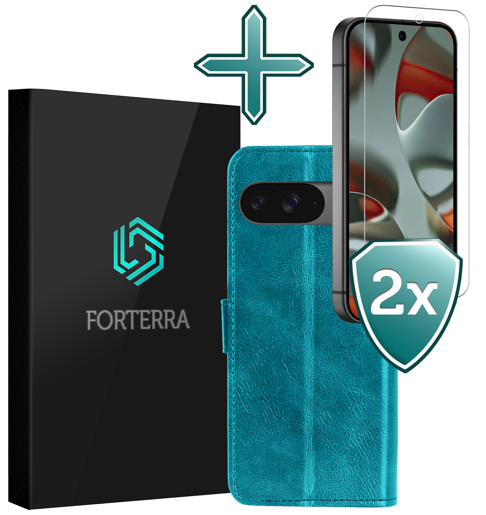 Forterra Hoesje Geschikt voor Google Pixel 9 Hoesje Book Case Hoes Portemonnee Cover Walletcase Met 2x Screenprotector - Hoes Geschikt voor Google Pixel 9 Hoes Bookcase Hoesje - Turquoise