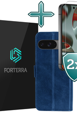 Forterra Hoesje Geschikt voor Google Pixel 9 Hoesje Book Case Hoes Portemonnee Cover Walletcase Met 2x Screenprotector - Hoes Geschikt voor Google Pixel 9 Hoes Bookcase Hoesje - Donkerblauw