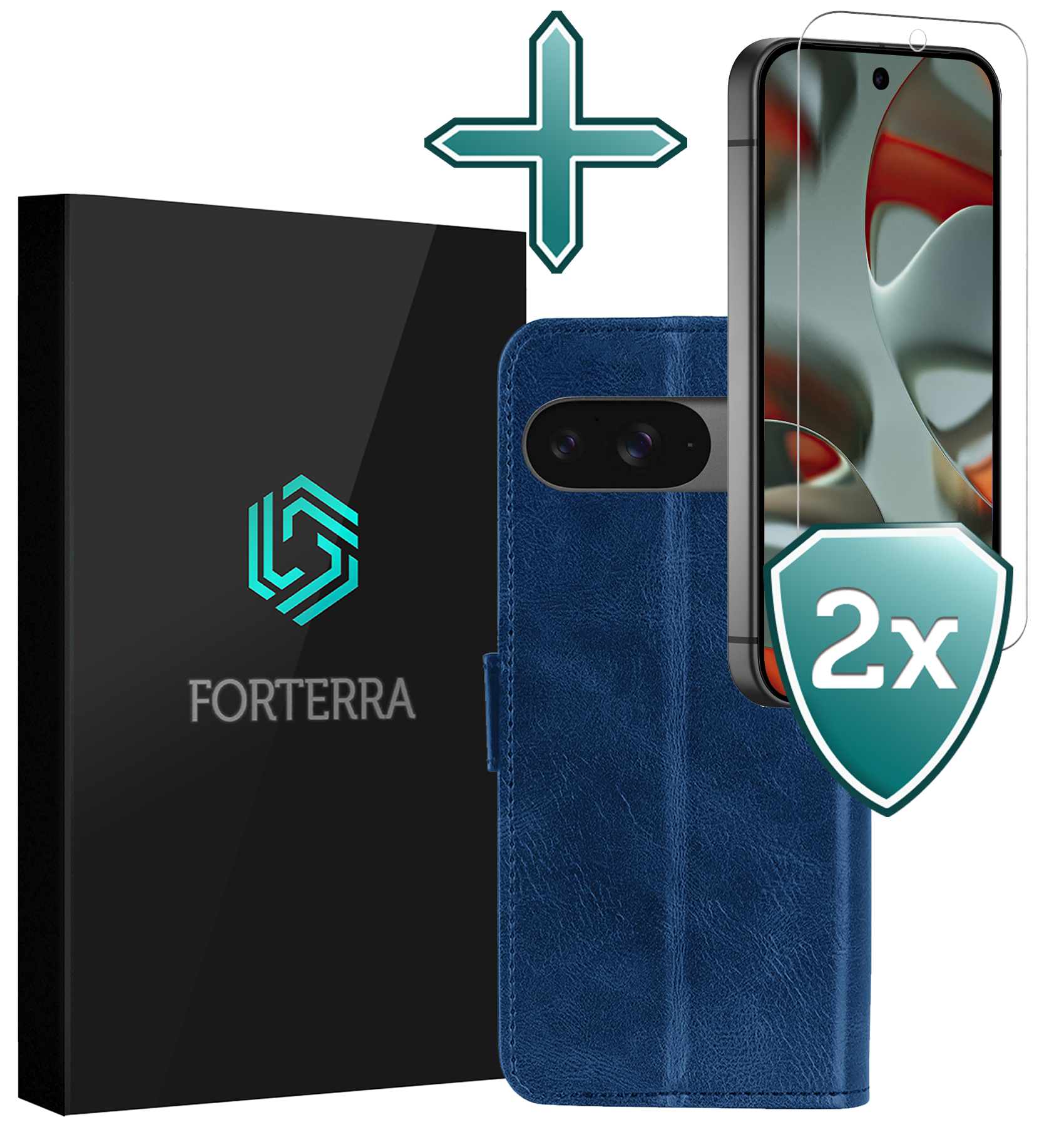 Forterra Hoesje Geschikt voor Google Pixel 9 Hoesje Book Case Hoes Portemonnee Cover Walletcase Met 2x Screenprotector - Hoes Geschikt voor Google Pixel 9 Hoes Bookcase Hoesje - Donkerblauw
