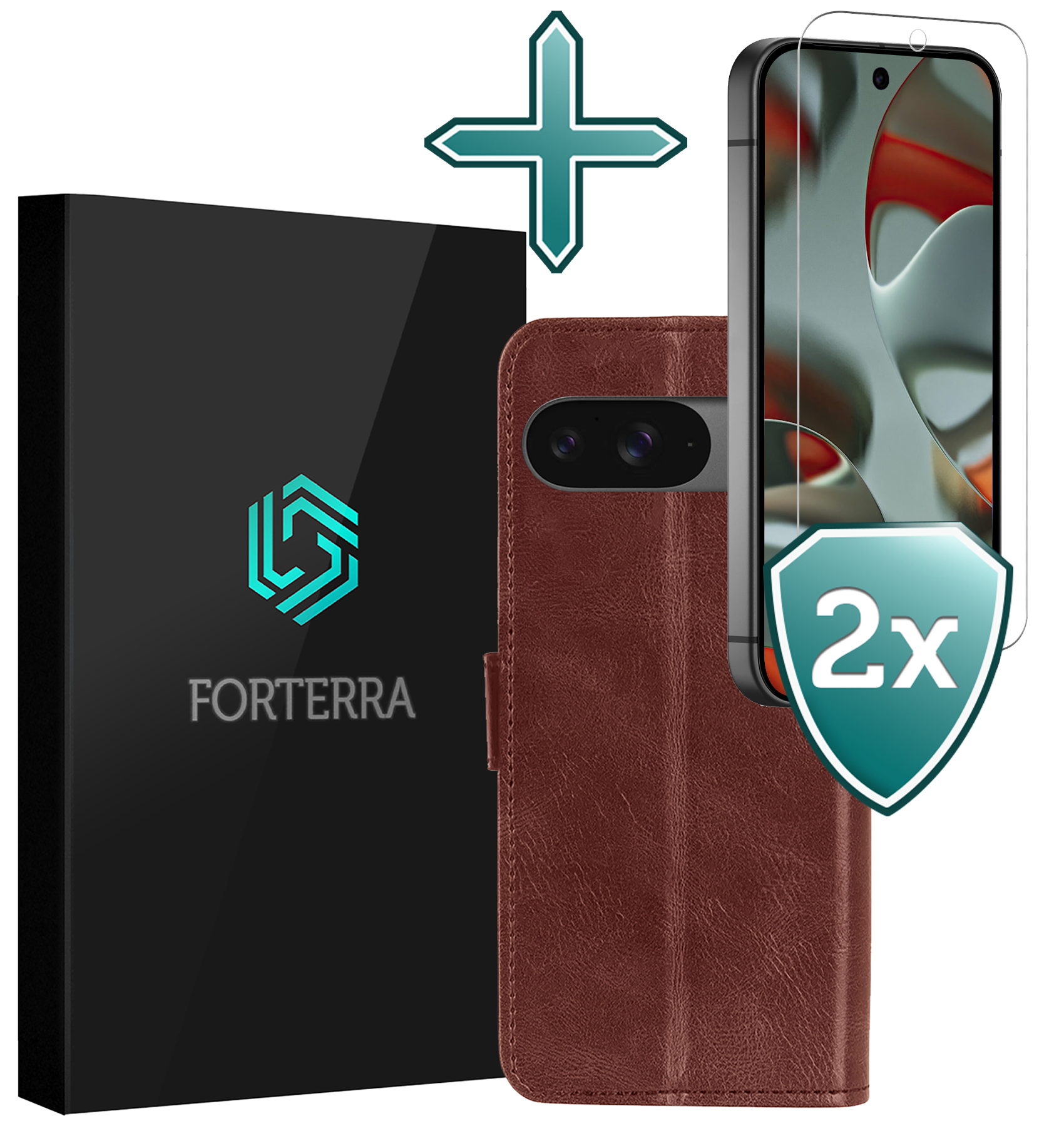 Forterra Hoesje Geschikt voor Google Pixel 9 Hoesje Book Case Hoes Portemonnee Cover Walletcase Met 2x Screenprotector - Hoes Geschikt voor Google Pixel 9 Hoes Bookcase Hoesje - Bruin