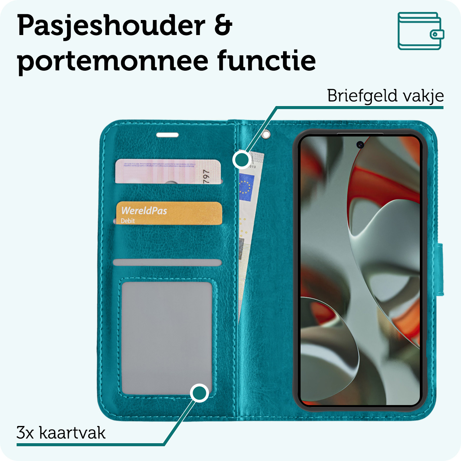 Forterra Hoesje Geschikt voor Google Pixel 9 Hoesje Book Case Hoes Portemonnee Cover Walletcase Met Screenprotector - Hoes Geschikt voor Google Pixel 9 Hoes Bookcase Hoesje - Turquoise