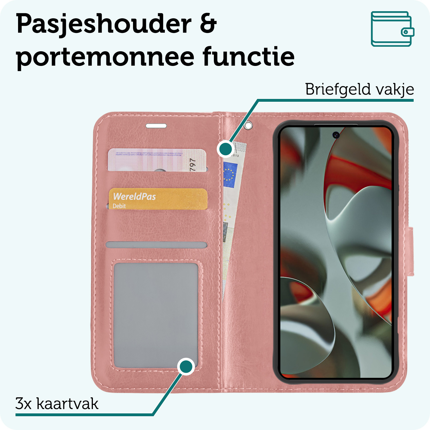 Forterra Hoesje Geschikt voor Google Pixel 9 Hoesje Book Case Hoes Portemonnee Cover Walletcase Met Screenprotector - Hoes Geschikt voor Google Pixel 9 Hoes Bookcase Hoesje - Rosé goud