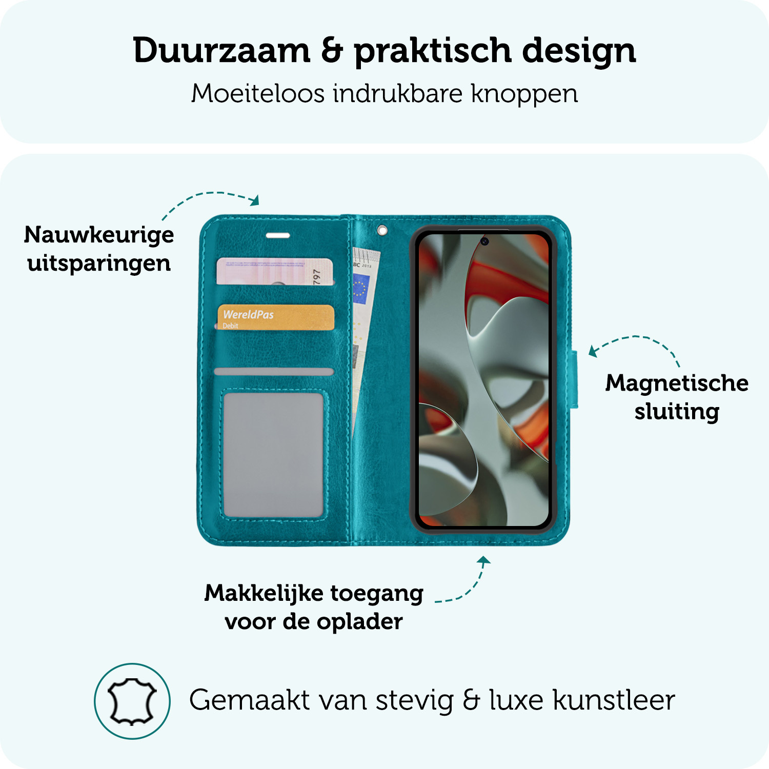 Forterra Hoesje Geschikt voor Google Pixel 9 Hoesje Book Case Hoes Portemonnee Cover Walletcase - Hoes Geschikt voor Google Pixel 9 Hoes Bookcase Hoesje - Turquoise