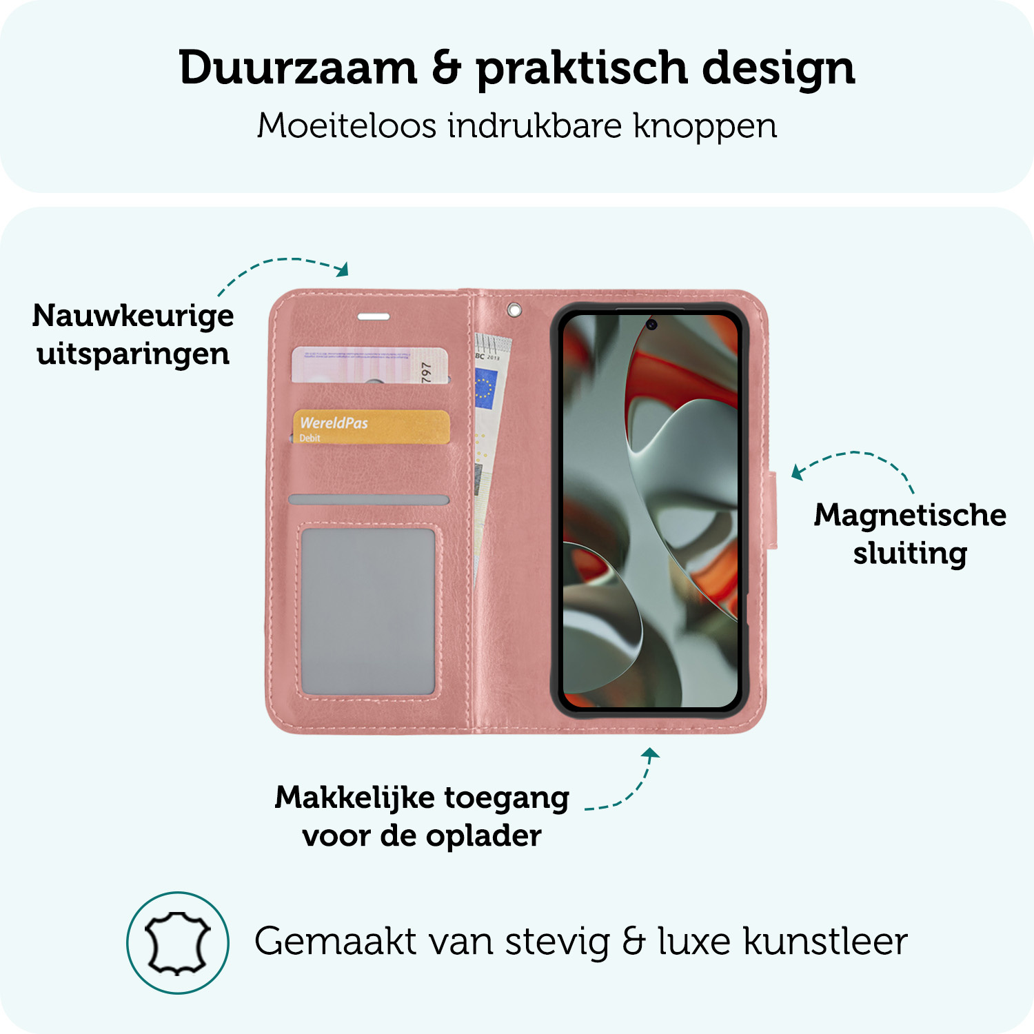 Forterra Hoesje Geschikt voor Google Pixel 9 Hoesje Book Case Hoes Portemonnee Cover Walletcase - Hoes Geschikt voor Google Pixel 9 Hoes Bookcase Hoesje - Rosé goud