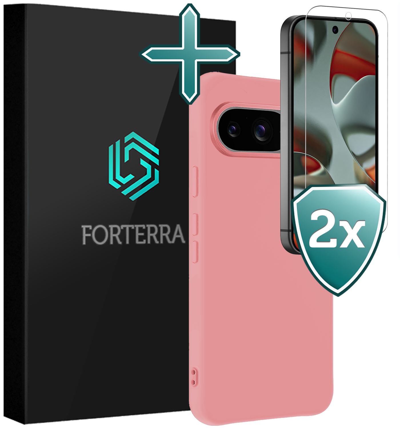 Forterra Hoesje Geschikt voor Google Pixel 9 Hoesje Siliconen Case Hoes Met 2x Screenprotector - Hoes Geschikt voor Google Pixel 9 Hoes Cover Case - Lichtroze