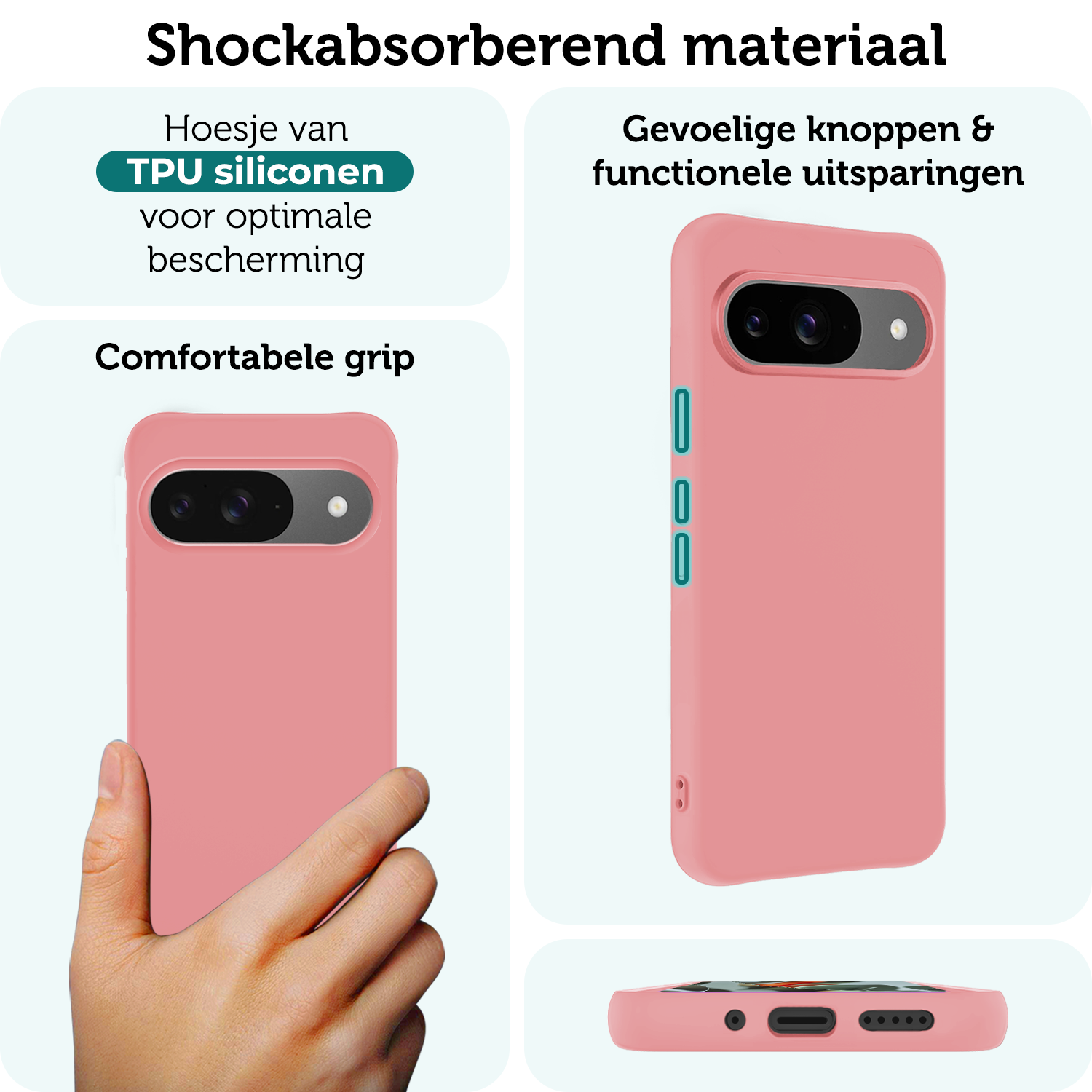 Forterra Hoesje Geschikt voor Google Pixel 9 Hoesje Siliconen Case Hoes Met 2x Screenprotector - Hoes Geschikt voor Google Pixel 9 Hoes Cover Case - Lichtroze