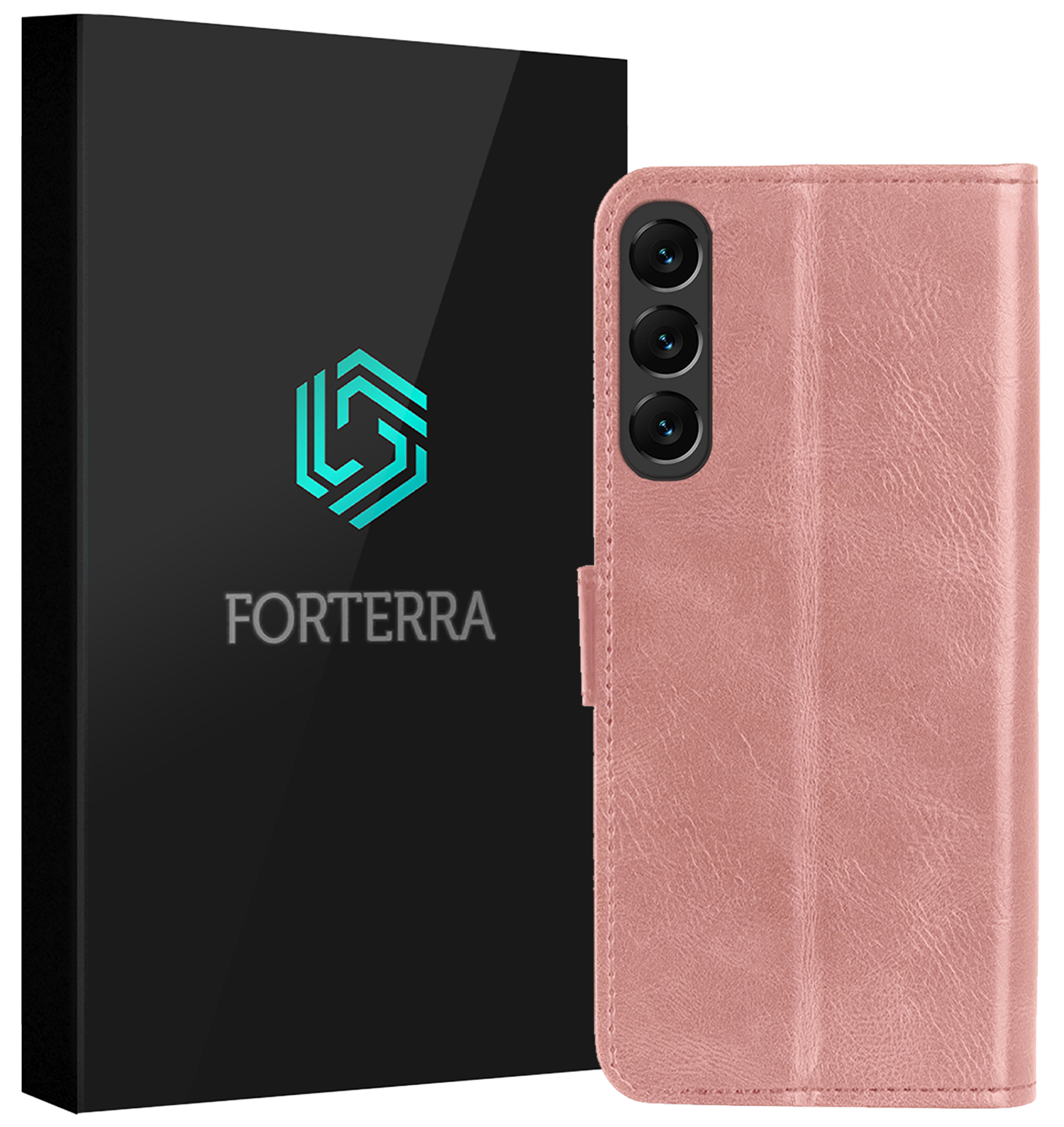 Forterra Hoesje Geschikt voor Samsung S24 FE Book Case Kunstleer Hoes - Hoes Geschikt voor Samsung Galaxy S24 FE Hoesje Bookcase Met Pasjeshouder - Rosé goud