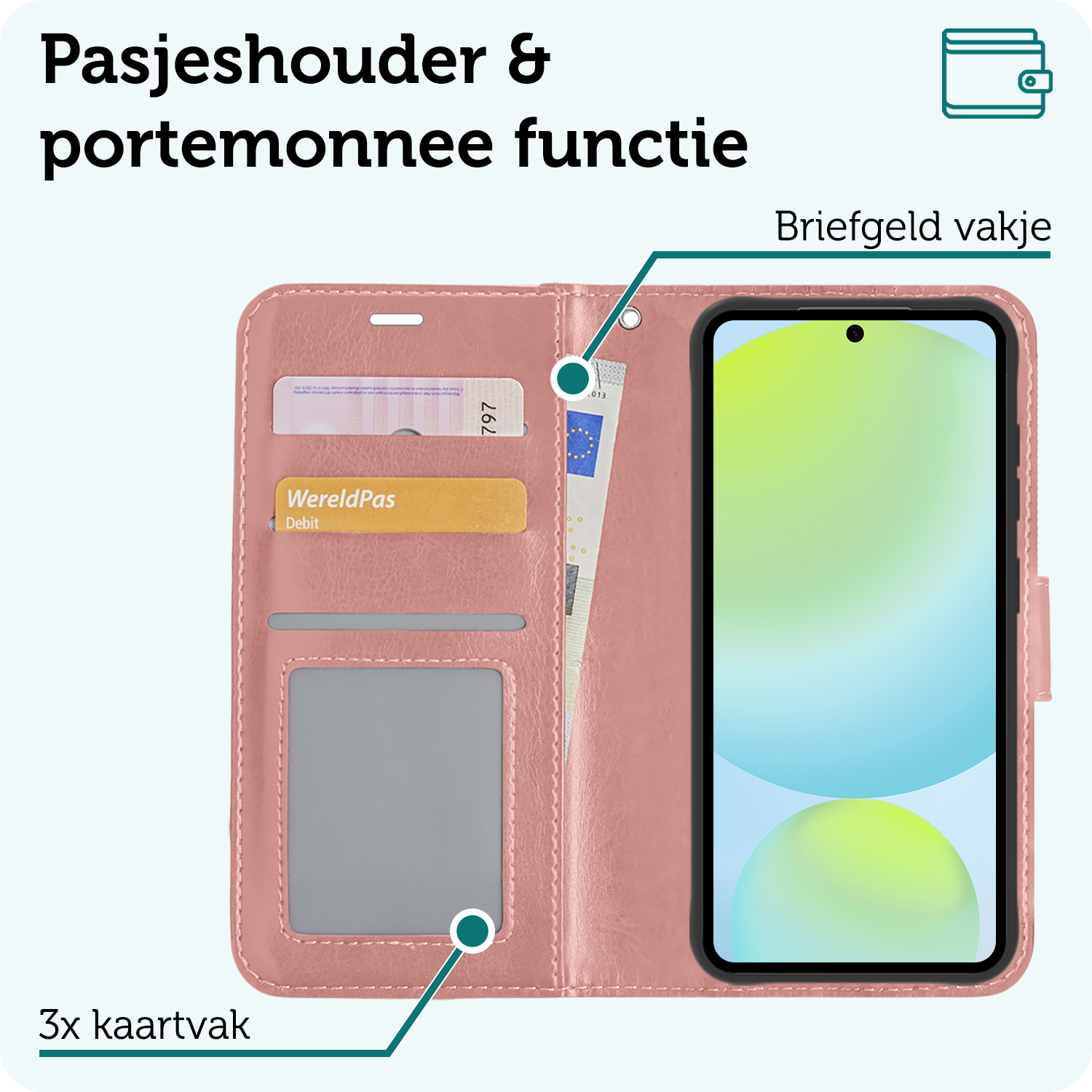 Forterra Hoesje Geschikt voor Samsung S24 FE Book Case Kunstleer Hoes - Hoes Geschikt voor Samsung Galaxy S24 FE Hoesje Bookcase Met Pasjeshouder - Rosé goud