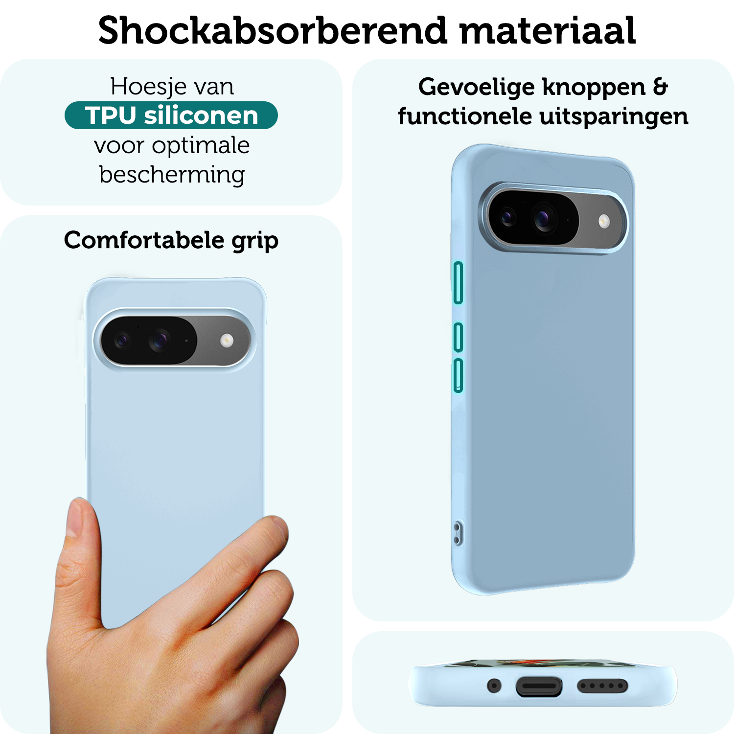 Forterra Hoesje Geschikt voor Google Pixel 9 Hoesje Siliconen Case Hoes Met 2x Screenprotector - Hoes Geschikt voor Google Pixel 9 Hoes Cover Case - Lichtblauw
