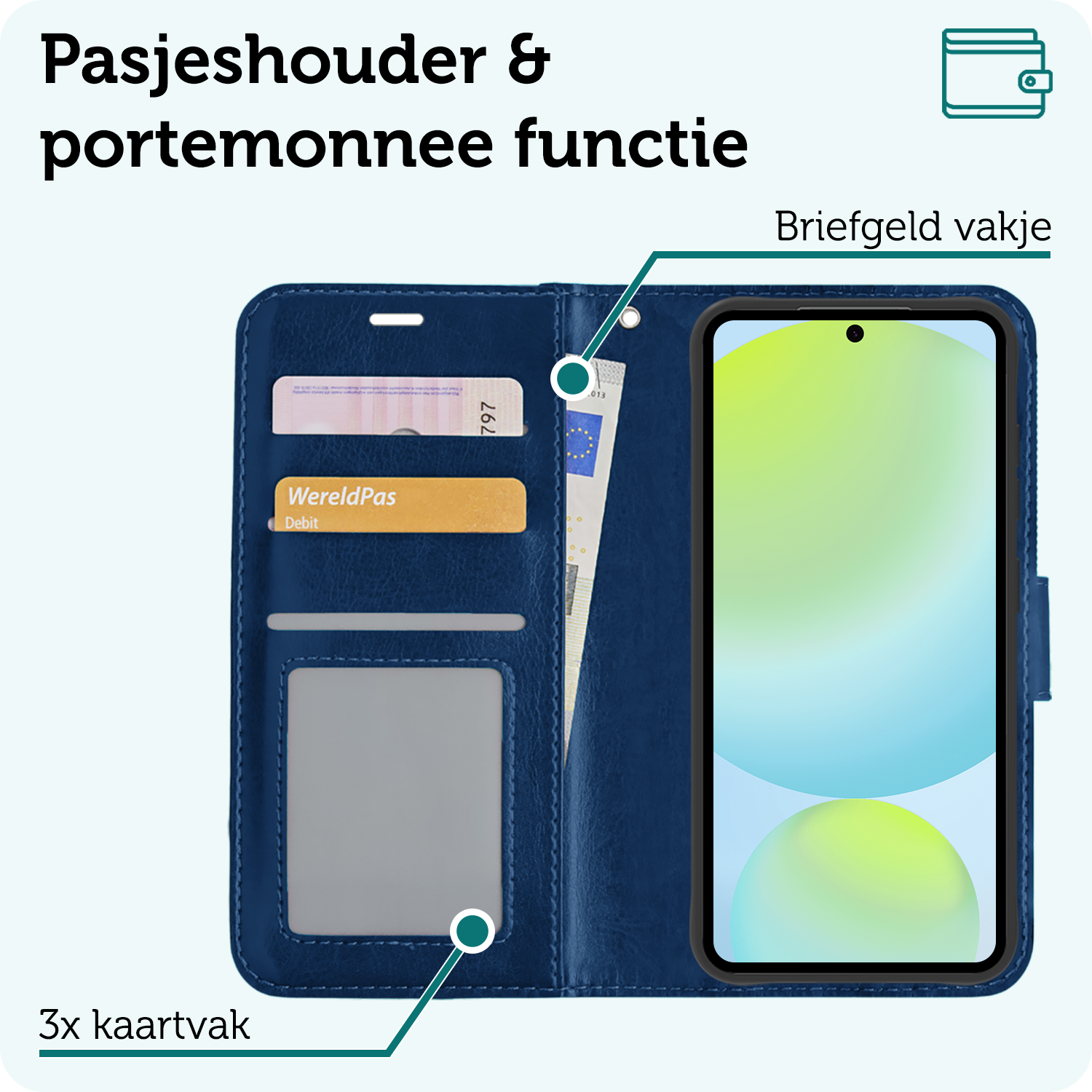 Forterra Hoesje Geschikt voor Samsung S24 FE Book Case Kunstleer Hoes - Hoes Geschikt voor Samsung Galaxy S24 FE Hoesje Bookcase Met Pasjeshouder - Donkerblauw