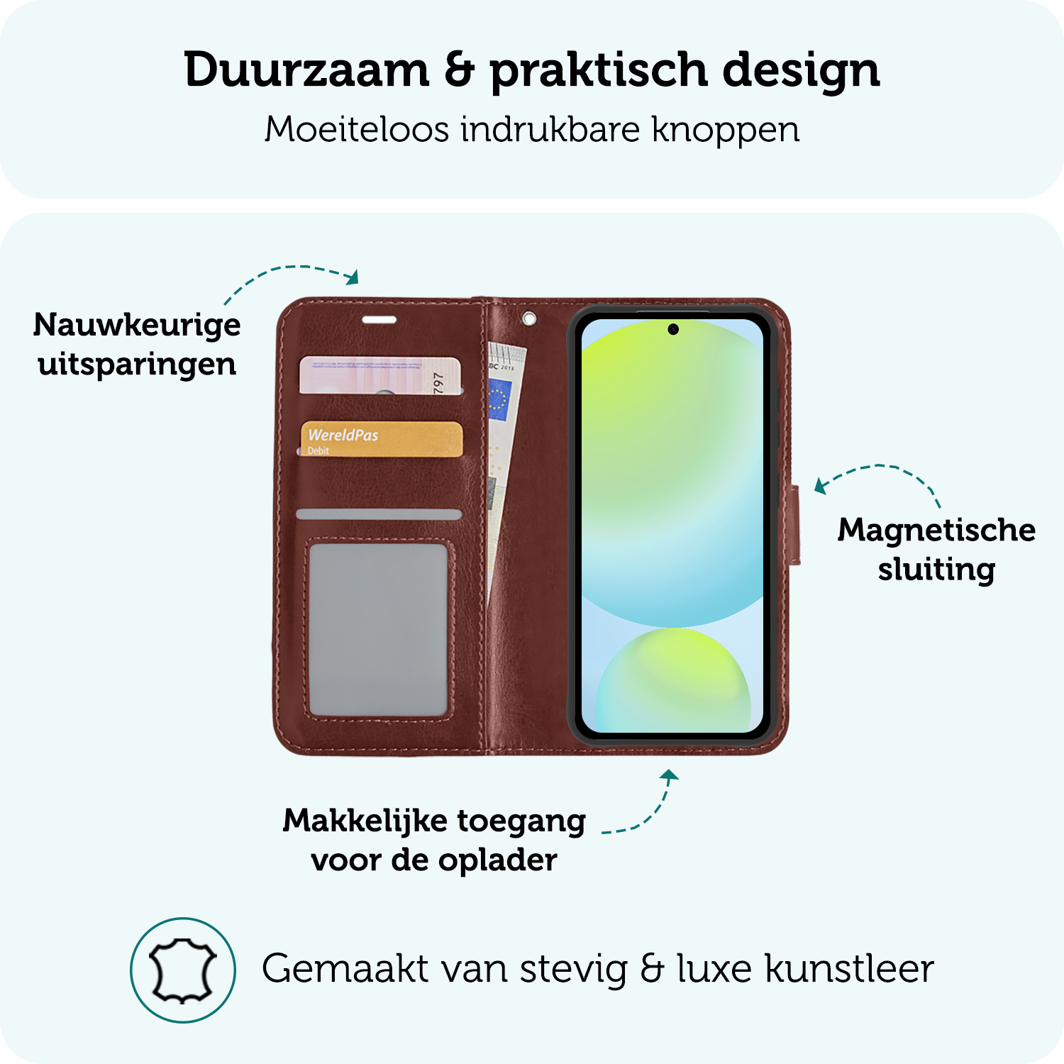 Forterra Hoesje Geschikt voor Samsung S24 FE Book Case Kunstleer Hoes - Hoes Geschikt voor Samsung Galaxy S24 FE Hoesje Bookcase Met Pasjeshouder - Bruin