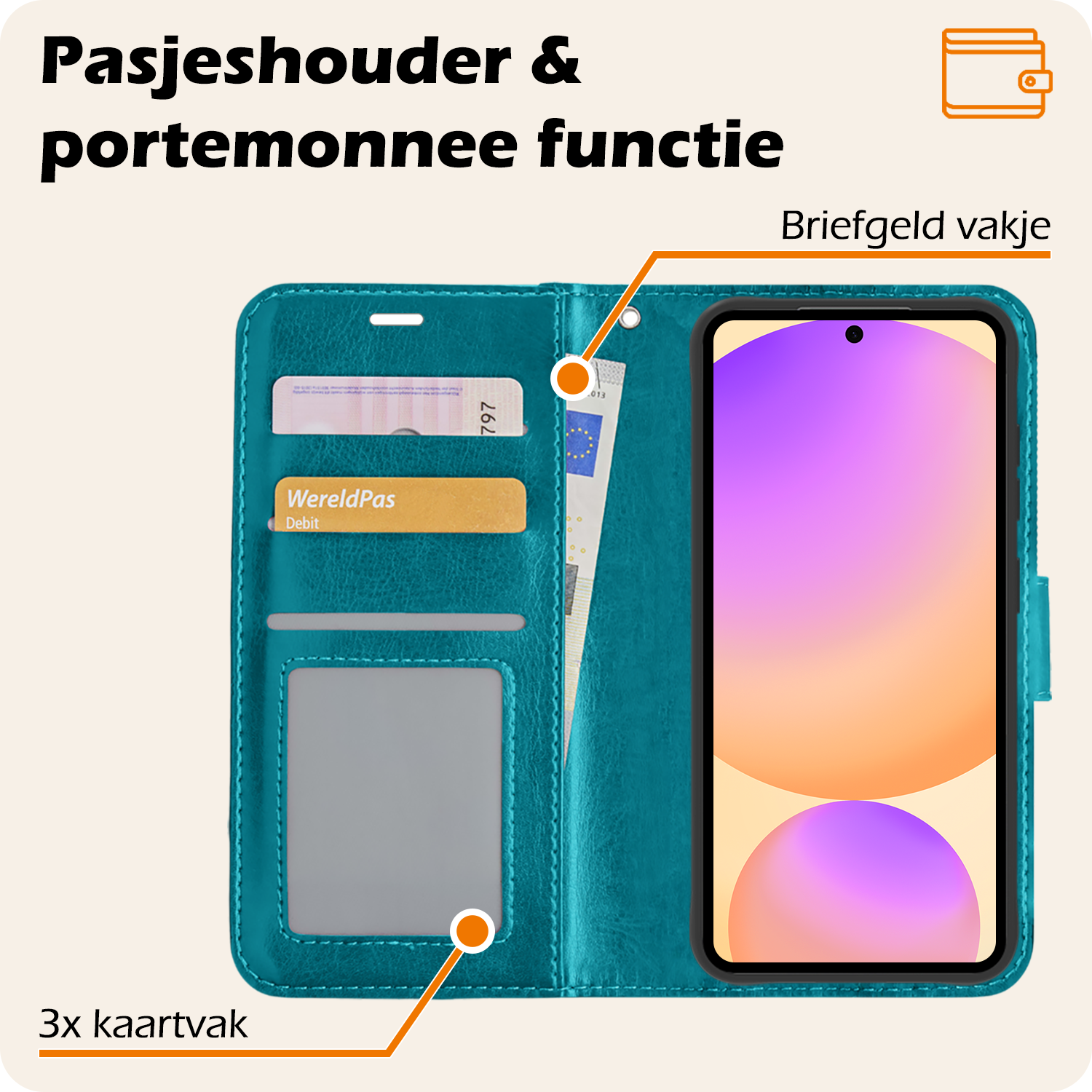 Nomfy Hoesje Geschikt voor Samsung S24 FE Hoes Bookcase Flipcase Book Cover Met 2x Screenprotector - Hoes Geschikt voor Samsung Galaxy S24 FE Hoesje Book Case - Turquoise