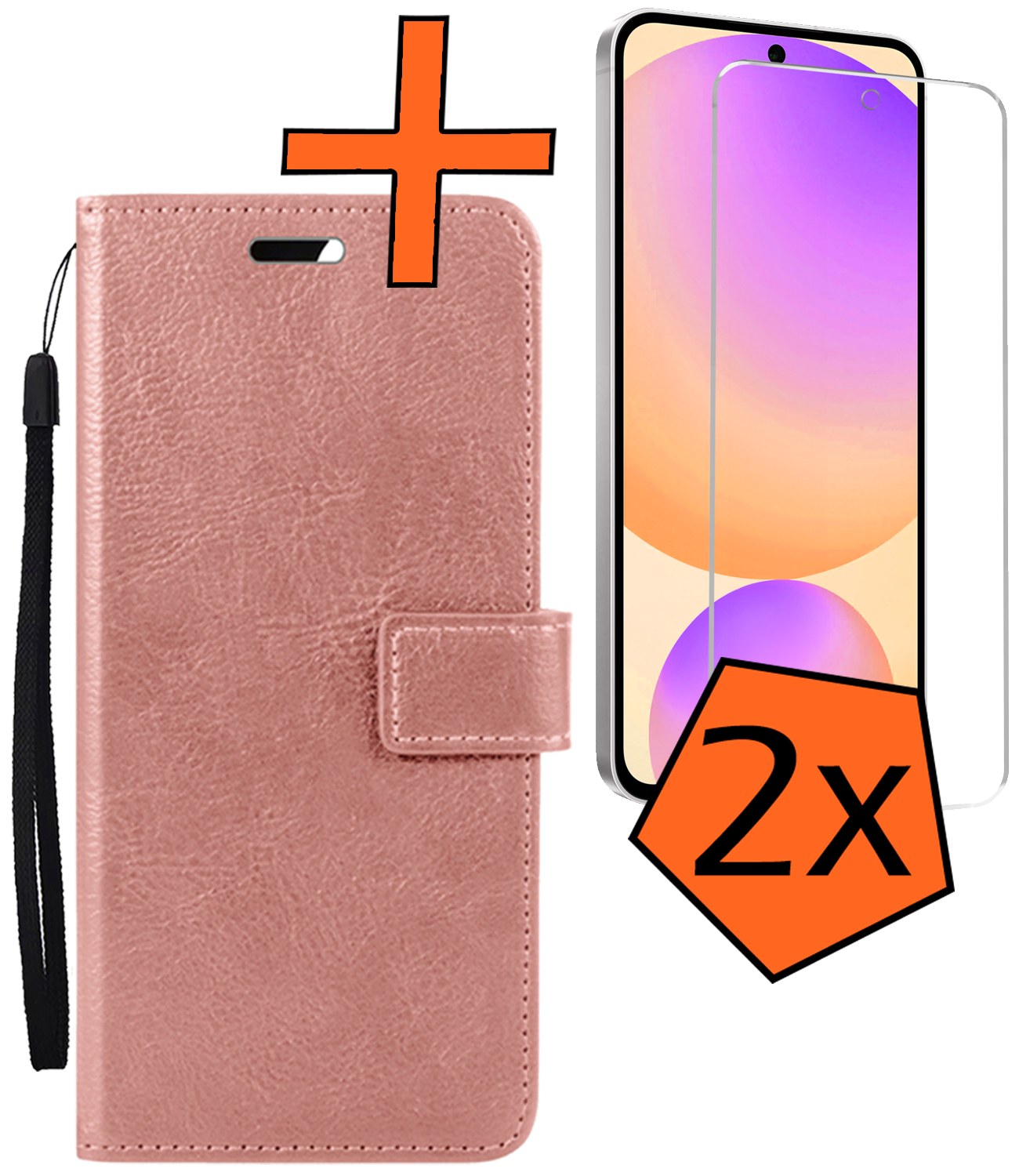 Nomfy Hoesje Geschikt voor Samsung S24 FE Hoes Bookcase Flipcase Book Cover Met 2x Screenprotector - Hoes Geschikt voor Samsung Galaxy S24 FE Hoesje Book Case - Rosé goud