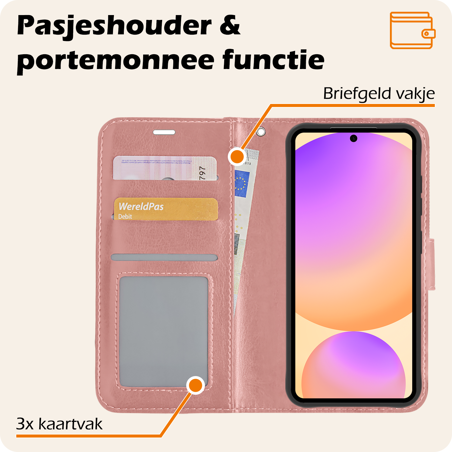 Nomfy Hoesje Geschikt voor Samsung S24 FE Hoes Bookcase Flipcase Book Cover Met 2x Screenprotector - Hoes Geschikt voor Samsung Galaxy S24 FE Hoesje Book Case - Rosé goud