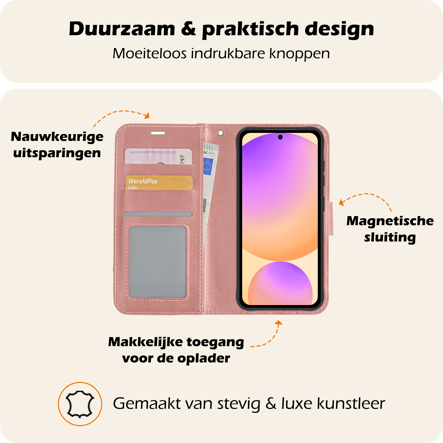Nomfy Hoesje Geschikt voor Samsung S24 FE Hoes Bookcase Flipcase Book Cover Met 2x Screenprotector - Hoes Geschikt voor Samsung Galaxy S24 FE Hoesje Book Case - Rosé goud