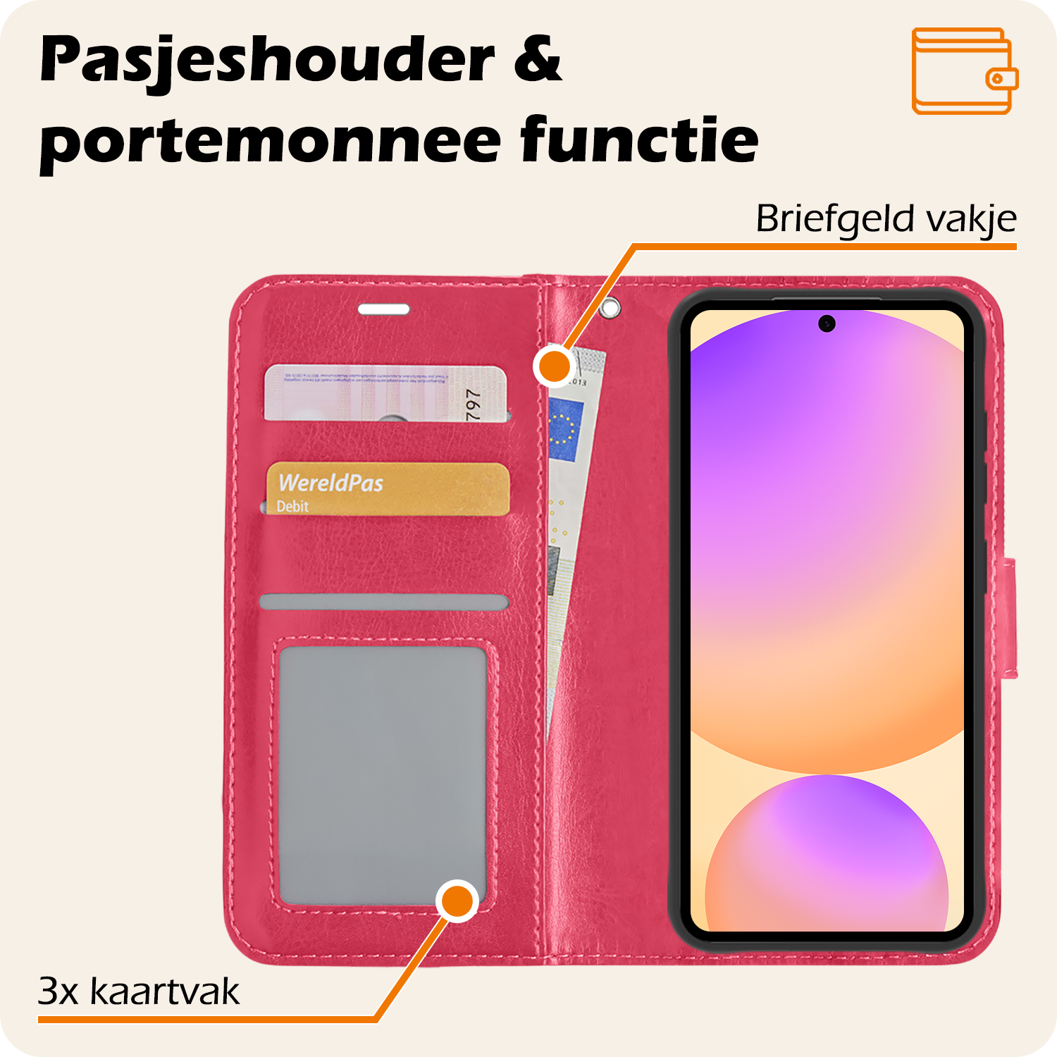 Nomfy Hoesje Geschikt voor Samsung S24 FE Hoes Bookcase Flipcase Book Cover Met 2x Screenprotector - Hoes Geschikt voor Samsung Galaxy S24 FE Hoesje Book Case - Donkerroze