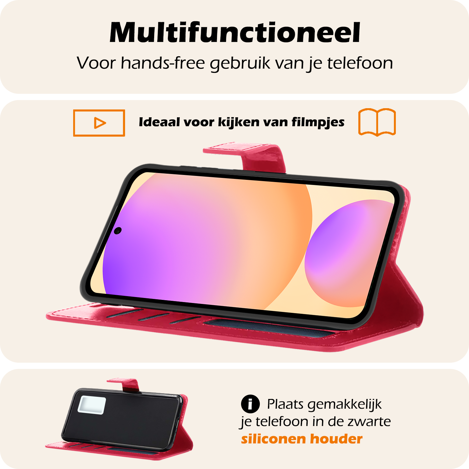 Nomfy Hoesje Geschikt voor Samsung S24 FE Hoes Bookcase Flipcase Book Cover Met 2x Screenprotector - Hoes Geschikt voor Samsung Galaxy S24 FE Hoesje Book Case - Donkerroze