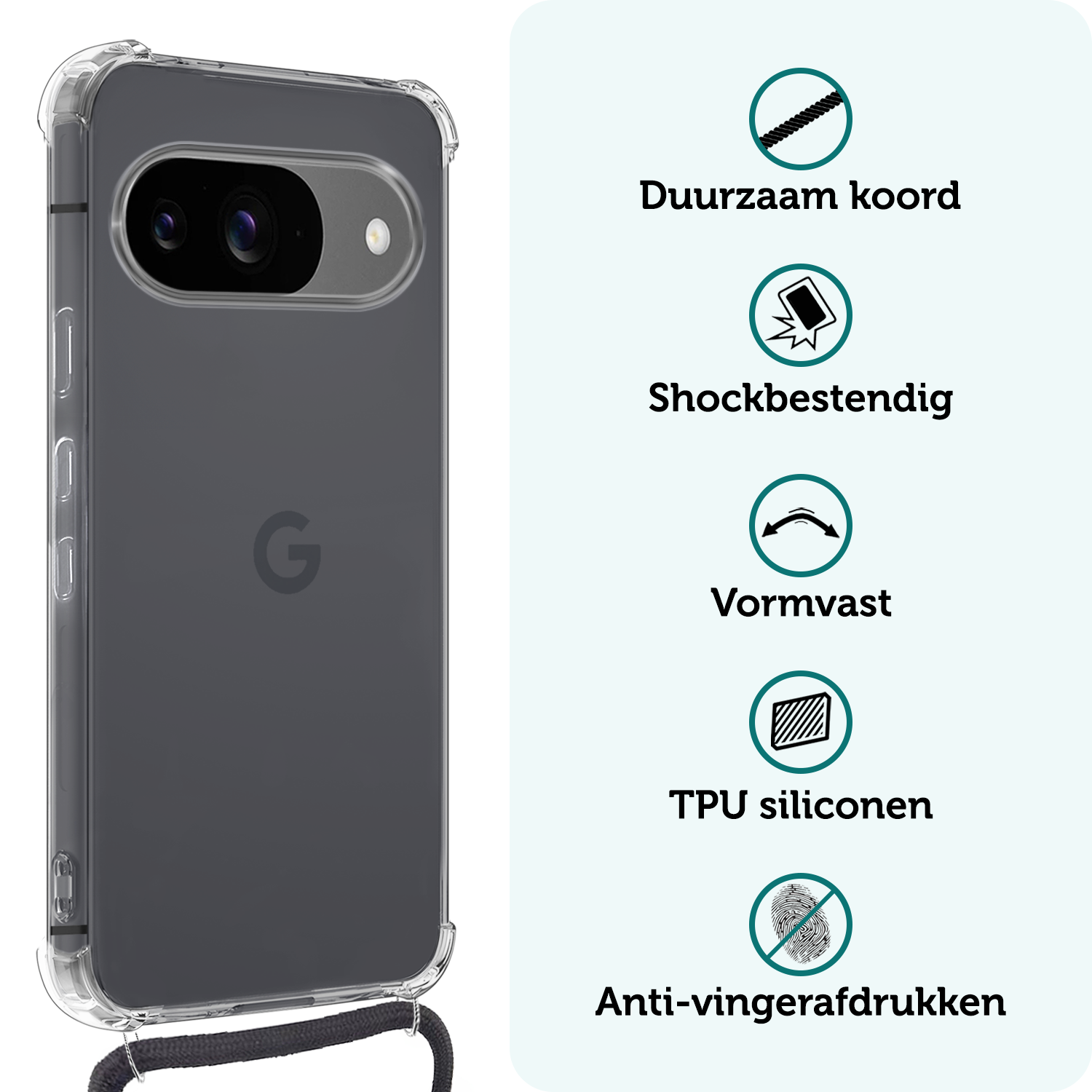 Forterra Hoesje Geschikt voor Google Pixel 9 Hoesje Siliconen Shock Proof Hoesje Met Koord Case Met Telefoonkoord - Hoes Geschikt voor Google Pixel 9 Hoesje Cover Shockproof Met Koord - Transparant