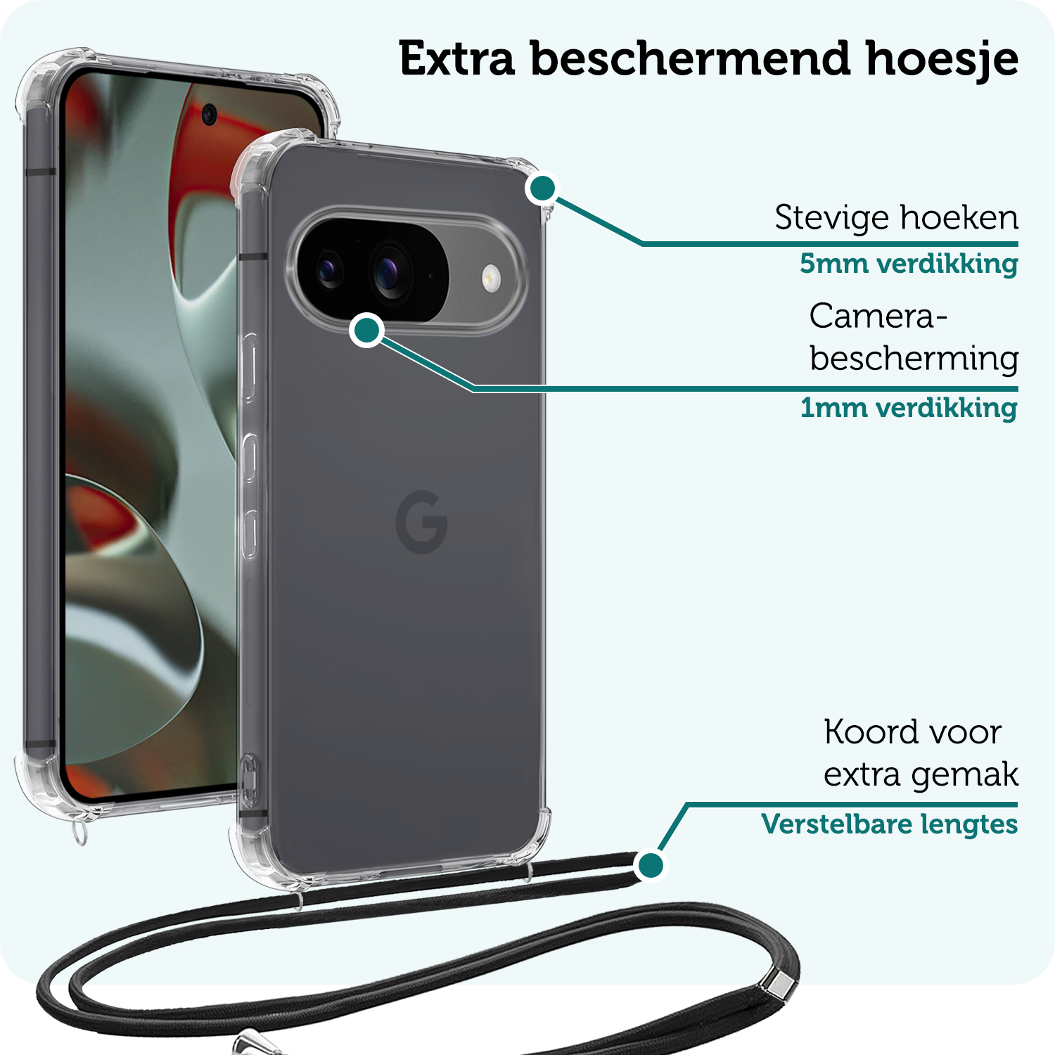 Forterra Hoesje Geschikt voor Google Pixel 9 Hoesje Siliconen Shock Proof Hoesje Met Koord Case Met Telefoonkoord - Hoes Geschikt voor Google Pixel 9 Hoesje Cover Shockproof Met Koord - Transparant