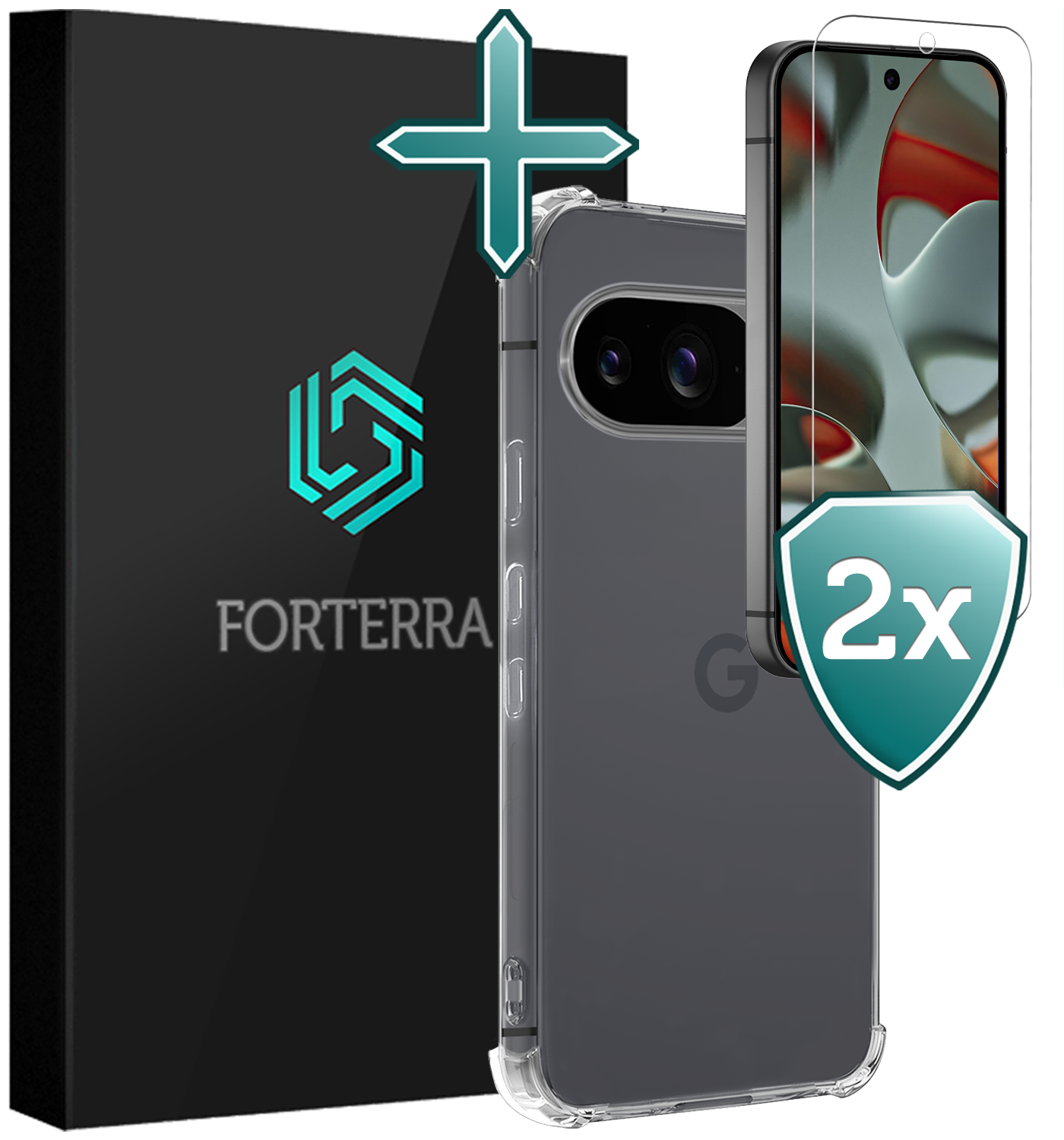 Forterra Hoesje Geschikt voor Google Pixel 9 Hoesje Siliconen Shock Proof Case Hoes Met 2x Screenprotector - Hoes Geschikt voor Google Pixel 9 Hoes Cover Case Shockproof - Transparant