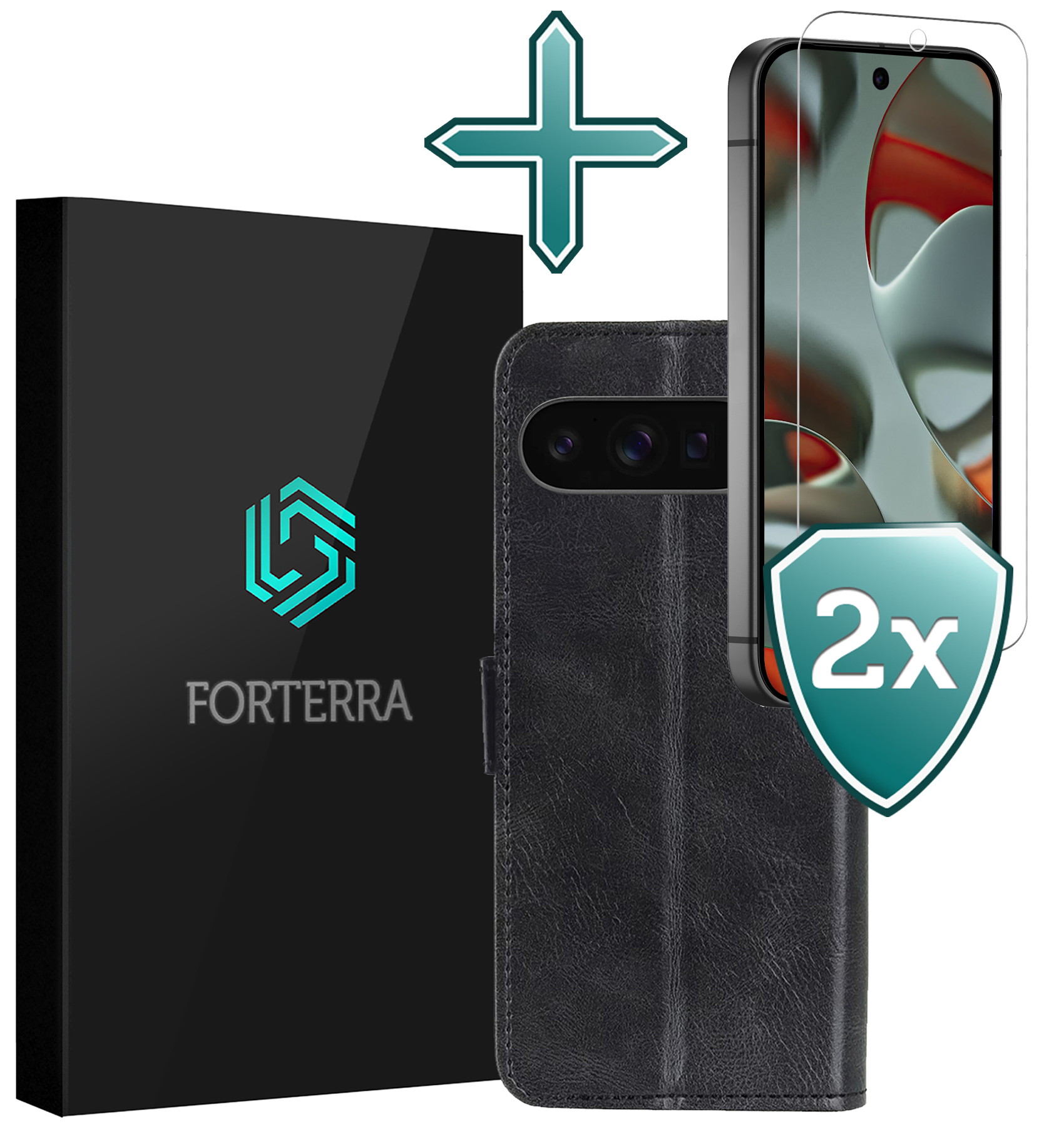 Forterra Hoesje Geschikt voor Google Pixel 9 Pro Hoesje Book Case Hoes Portemonnee Cover Walletcase Met 2x Screenprotector - Hoes Geschikt voor Google Pixel 9 Pro Hoes Bookcase Hoesje - Zwart