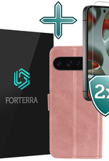 Forterra Hoesje Geschikt voor Google Pixel 9 Pro Hoesje Book Case Hoes Portemonnee Cover Walletcase Met 2x Screenprotector - Hoes Geschikt voor Google Pixel 9 Pro Hoes Bookcase Hoesje - Rosé goud