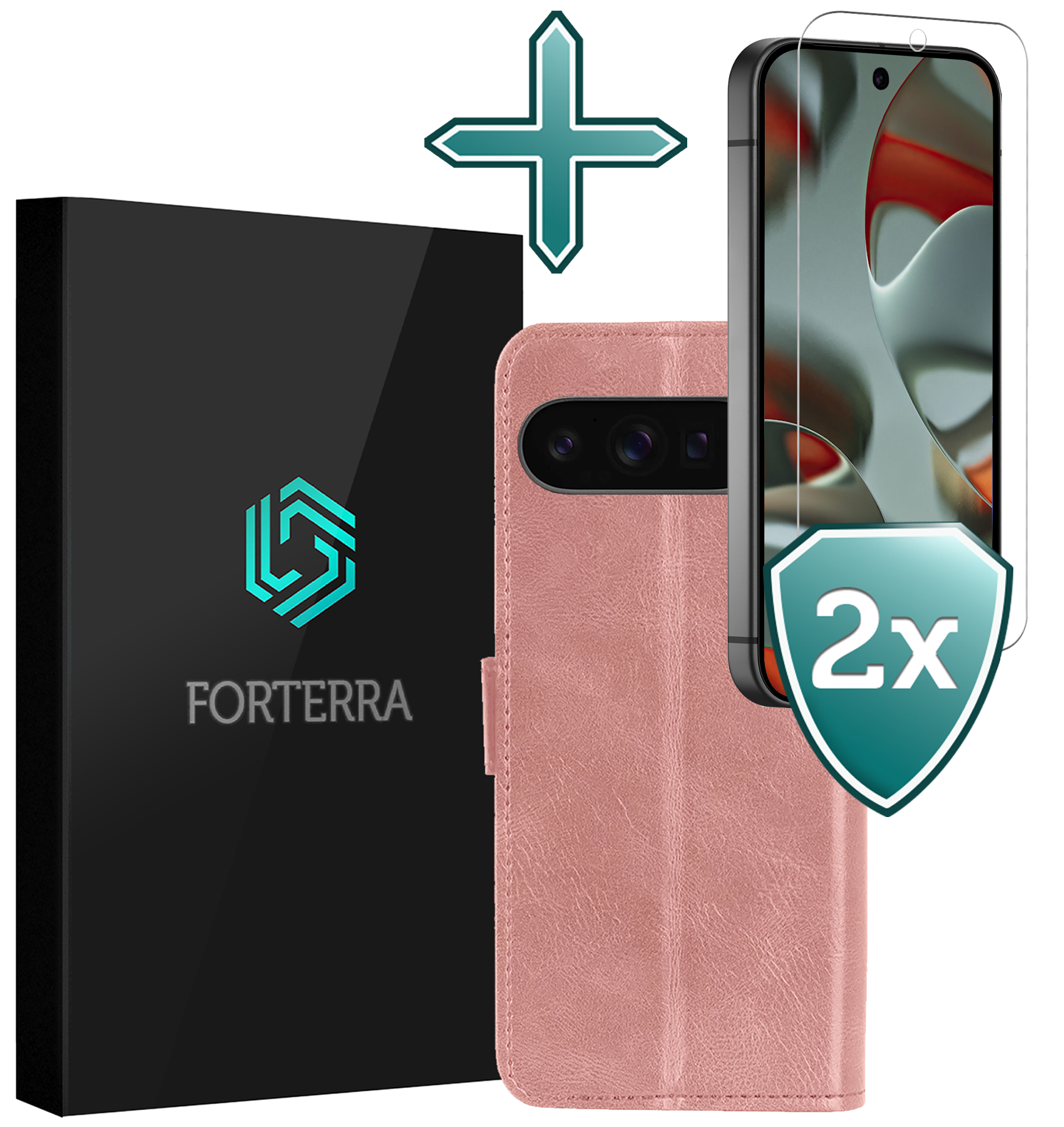 Forterra Hoesje Geschikt voor Google Pixel 9 Pro Hoesje Book Case Hoes Portemonnee Cover Walletcase Met 2x Screenprotector - Hoes Geschikt voor Google Pixel 9 Pro Hoes Bookcase Hoesje - Rosé goud