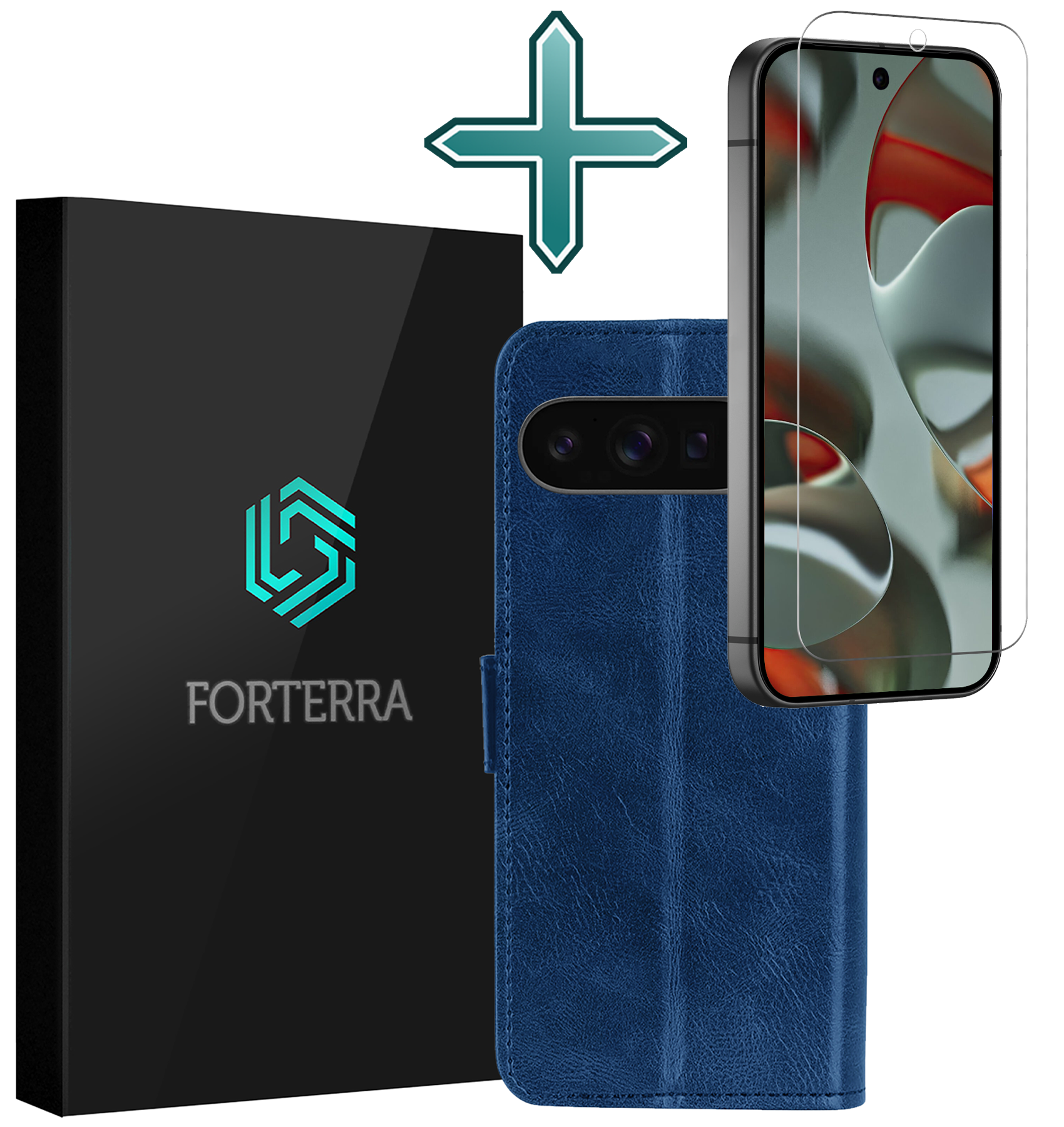 Forterra Hoesje Geschikt voor Google Pixel 9 Pro Hoesje Book Case Hoes Portemonnee Cover Walletcase Met Screenprotector - Hoes Geschikt voor Google Pixel 9 Pro Hoes Bookcase Hoesje - Donkerblauw