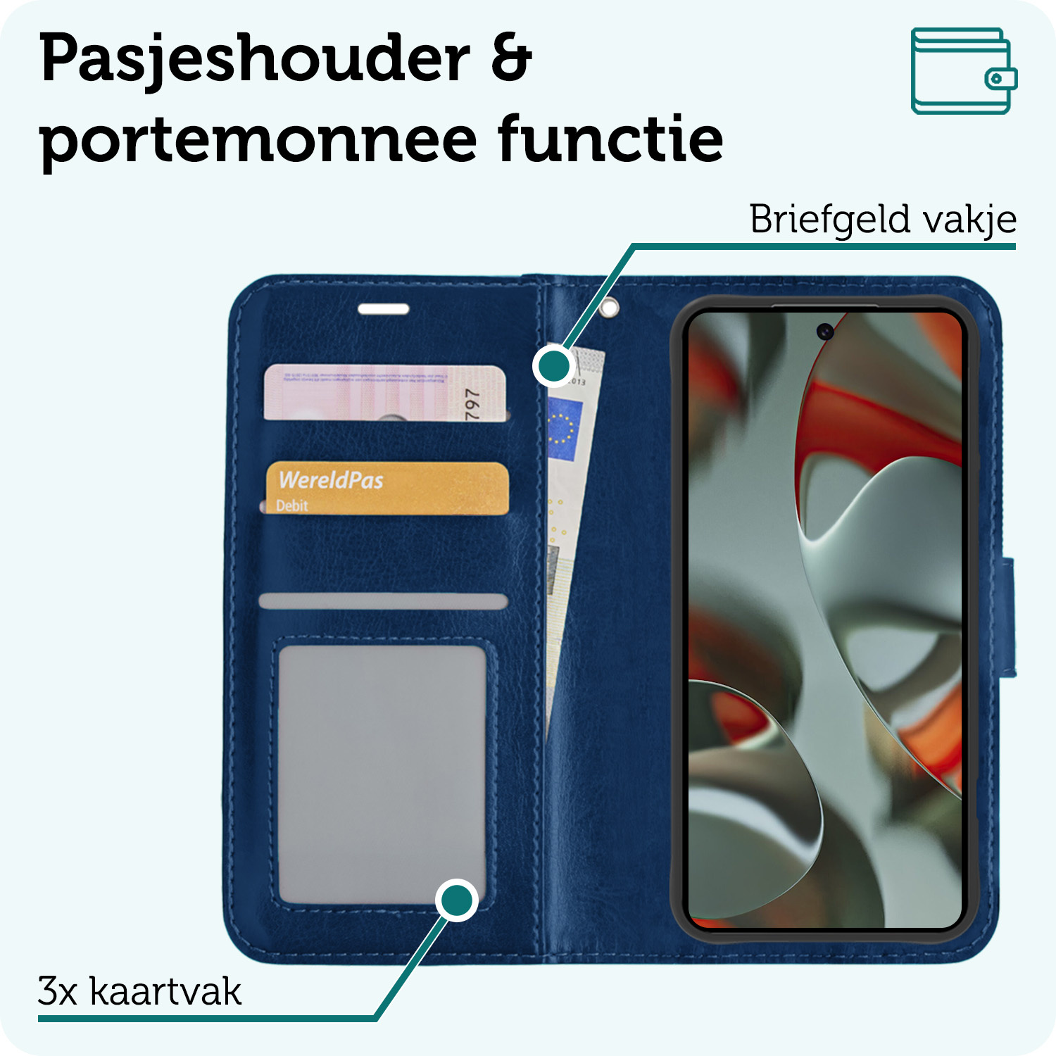 Forterra Hoesje Geschikt voor Google Pixel 9 Pro Hoesje Book Case Hoes Portemonnee Cover Walletcase Met Screenprotector - Hoes Geschikt voor Google Pixel 9 Pro Hoes Bookcase Hoesje - Donkerblauw